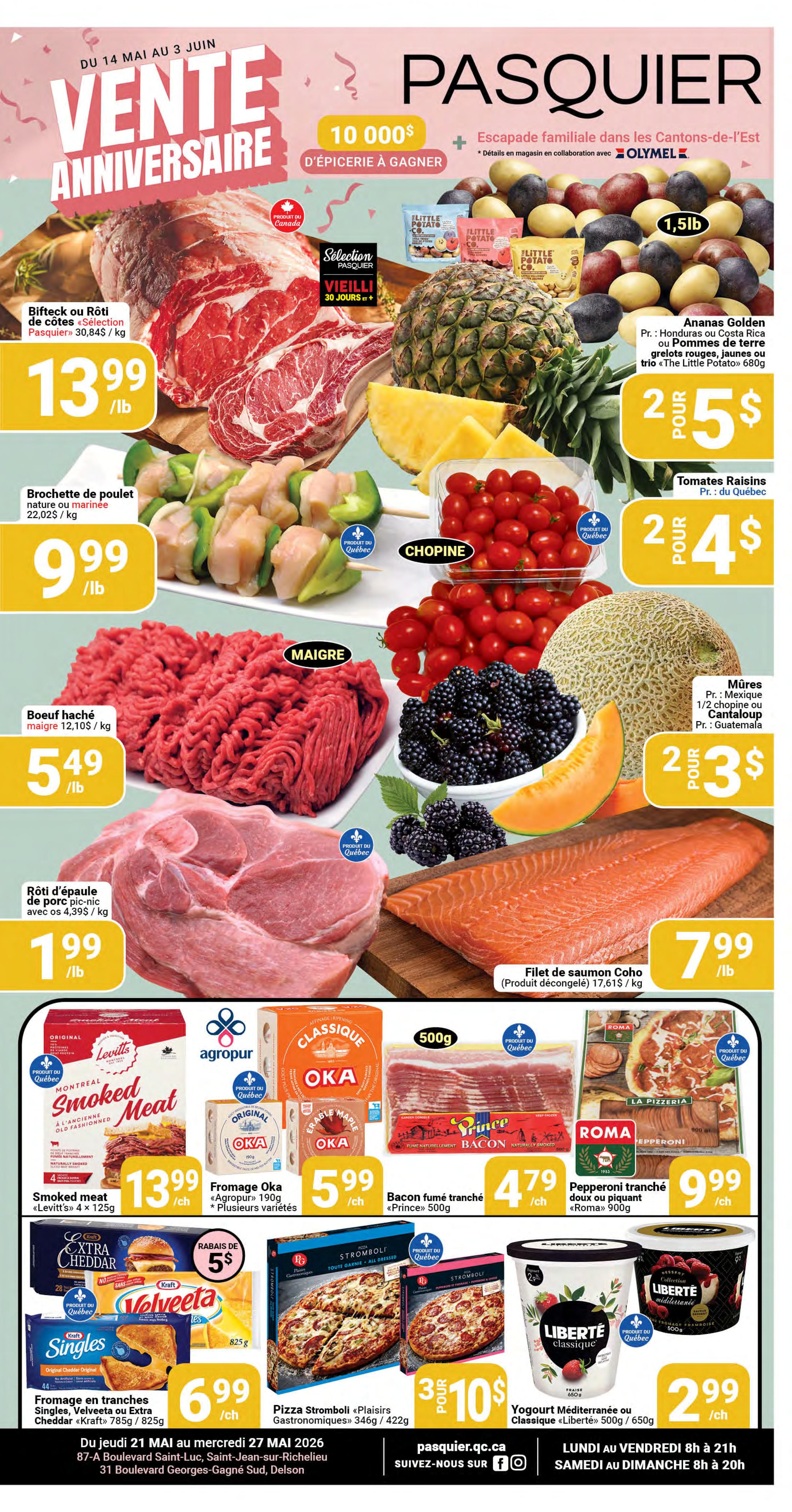 Pasquier flyer page featuring anniversary sale. Highlights include Beef Ribs or Roast at $13.99/lb, Chicken Skewers at $9.99/lb, Lean Ground Beef at $5.49/lb, and Pork Shoulder Roast with bone at $1.99/lb. Also featured are Golden Pineapples for 2 for $5, Grape Tomatoes for 2 for $4, and Blackberries for 2 for $3. Seafood includes Coho Salmon Fillet at $7.99/lb. Packaged goods on sale are Levitt's Smoked Meat for $13.99/each, Agropur Oka Cheese for $5.99/each, Prince Bacon for $4.79/each, Roma Pepperoni for $9.99/each, Kraft Singles Velveeta or Extra Cheddar Cheese for $6.99/each, and Stromboli Pizzas for 3 for $10. Liberté Mediterranean or Classic Yogurt is $2.99/each. The flyer is valid from May 14 to June 3.