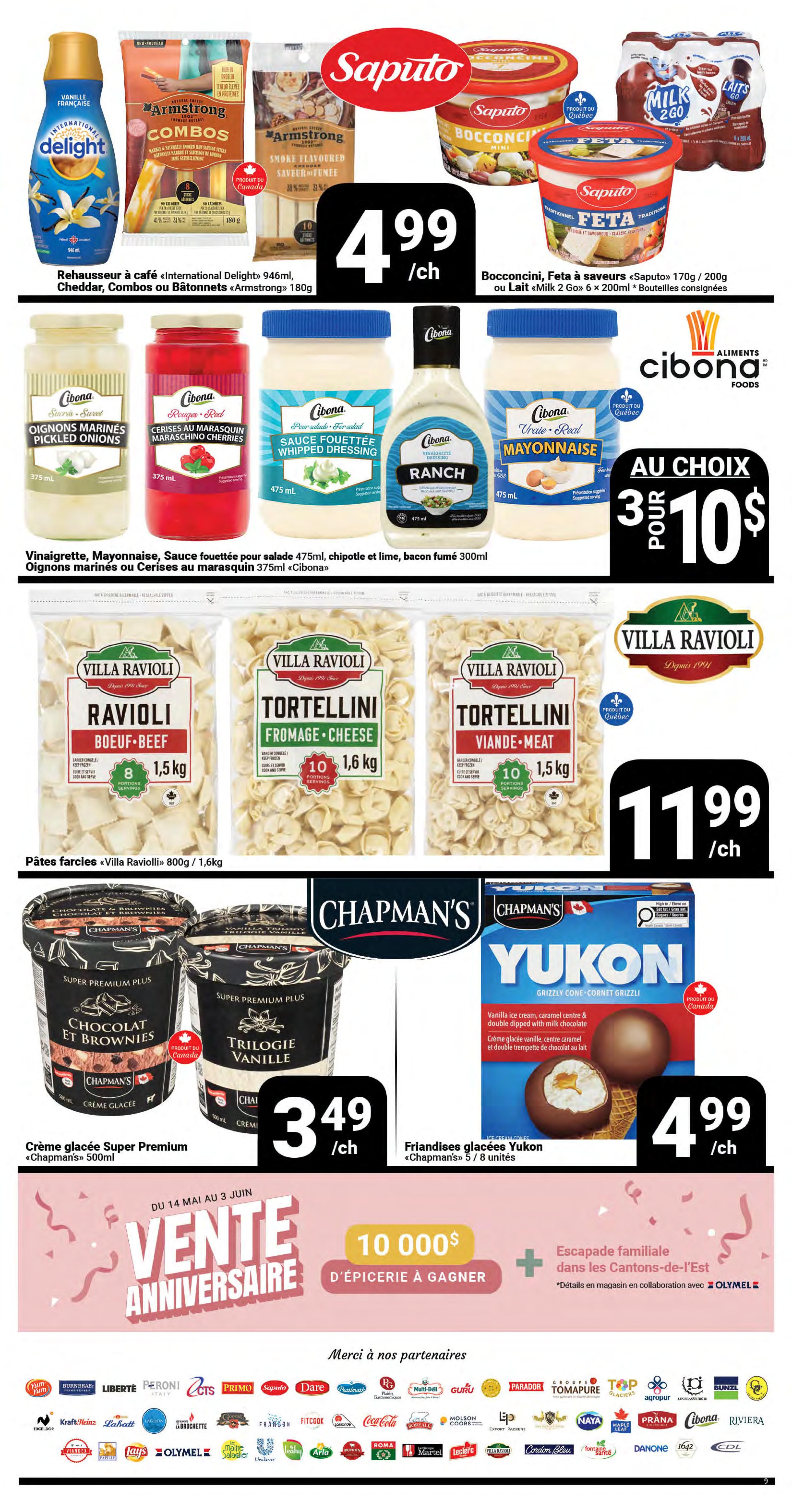 Pasquier weekly flyer specials page 9 features a variety of food items. Top row includes International Delight coffee enhancer for $4.99/each, Armstrong Combos and Smoke Flavoured Salami for $4.99/each, Saputo Bocconcini and Feta cheese, and Milk 2 Go drinks. Middle row showcases Cibona pickled onions, maraschino cherries, whipped dressing, ranch dressing, and mayonnaise, with a special offer of 3 for $10. Below that, Villa Ravioli pasta including Beef Ravioli (1.5kg), Tortellini Fromage (1.6kg), and Tortellini Viande (1.5kg) are available for $11.99/each. The bottom section highlights Chapman's Super Premium Plus ice cream in Chocolate Brownies and Vanilla Trilogy flavours for $3.49/each, and Chapman's Yukon Grizzly Cone ice cream for $4.99/each. The page also promotes a 'Vente Anniversaire' (Anniversary Sale) with a chance to win $10,000 in groceries and a family getaway contest. A section at the very bottom lists various partner brands.