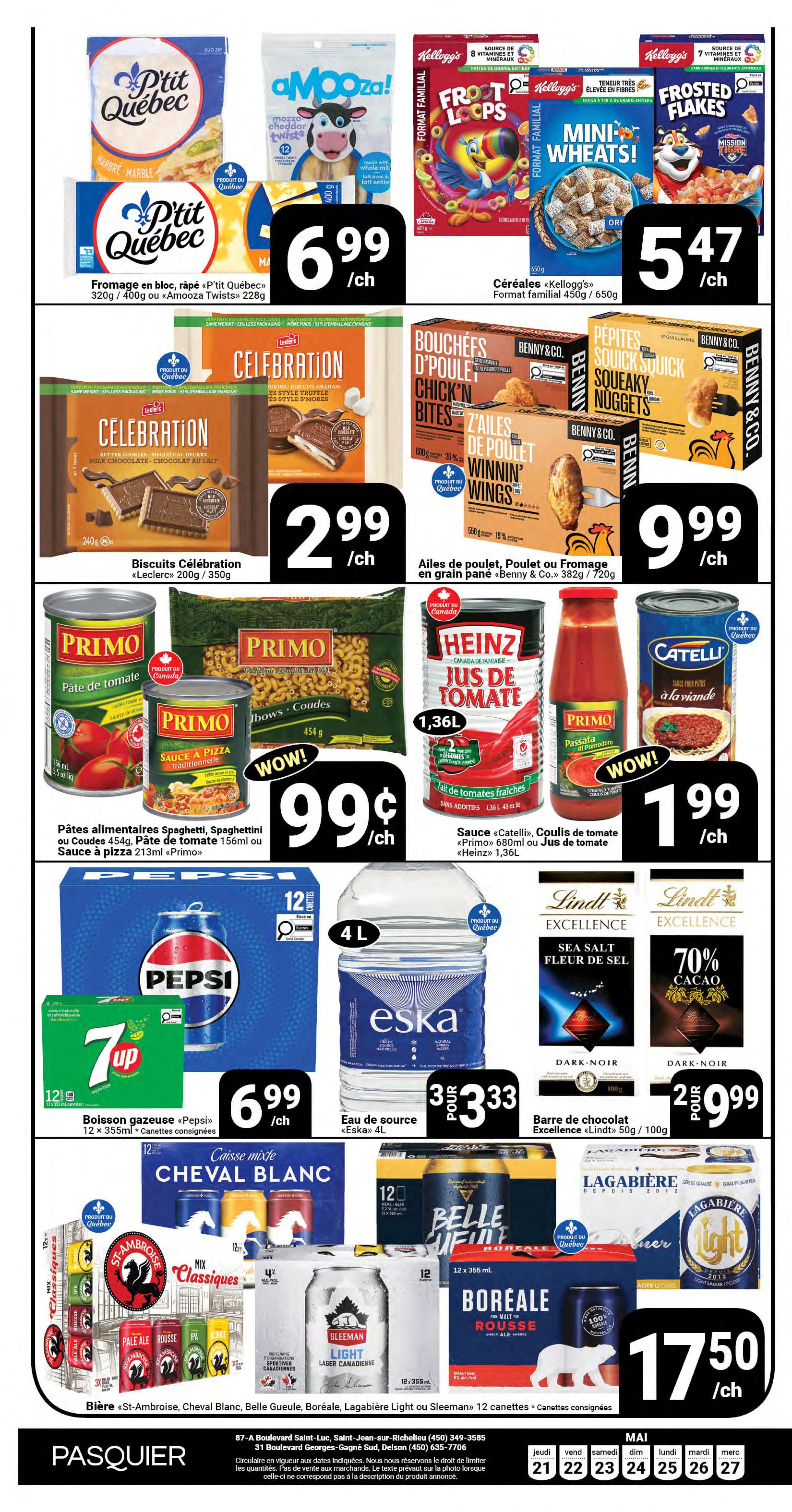 Pasquier flyer page 12 featuring a variety of grocery specials. Top row includes P'tit Québec shredded cheese and Amooza! cheddar twists for $6.99 each, and Kellogg's Frosted Loops and Mini Wheats cereals for $5.47 each. Middle row showcases Leclerc Celebration biscuits for $2.99, Benny & Co. chicken bites, wings, and nuggets starting at $9.99, Primo tomato paste and pizza sauce for $0.99, and Catelli pasta sauce and Heinz tomato juice for $1.99. Bottom row features Pepsi 12 x 355ml cans for $6.99, Eska 4L water for $3.33, Excellence Lindt dark chocolate bars for $2.99, and a selection of beers including St-Ambroise, Cheval Blanc, Belle Gueule, Boréale, Lagabière Light, or Sleeman 12-packs for $17.50.