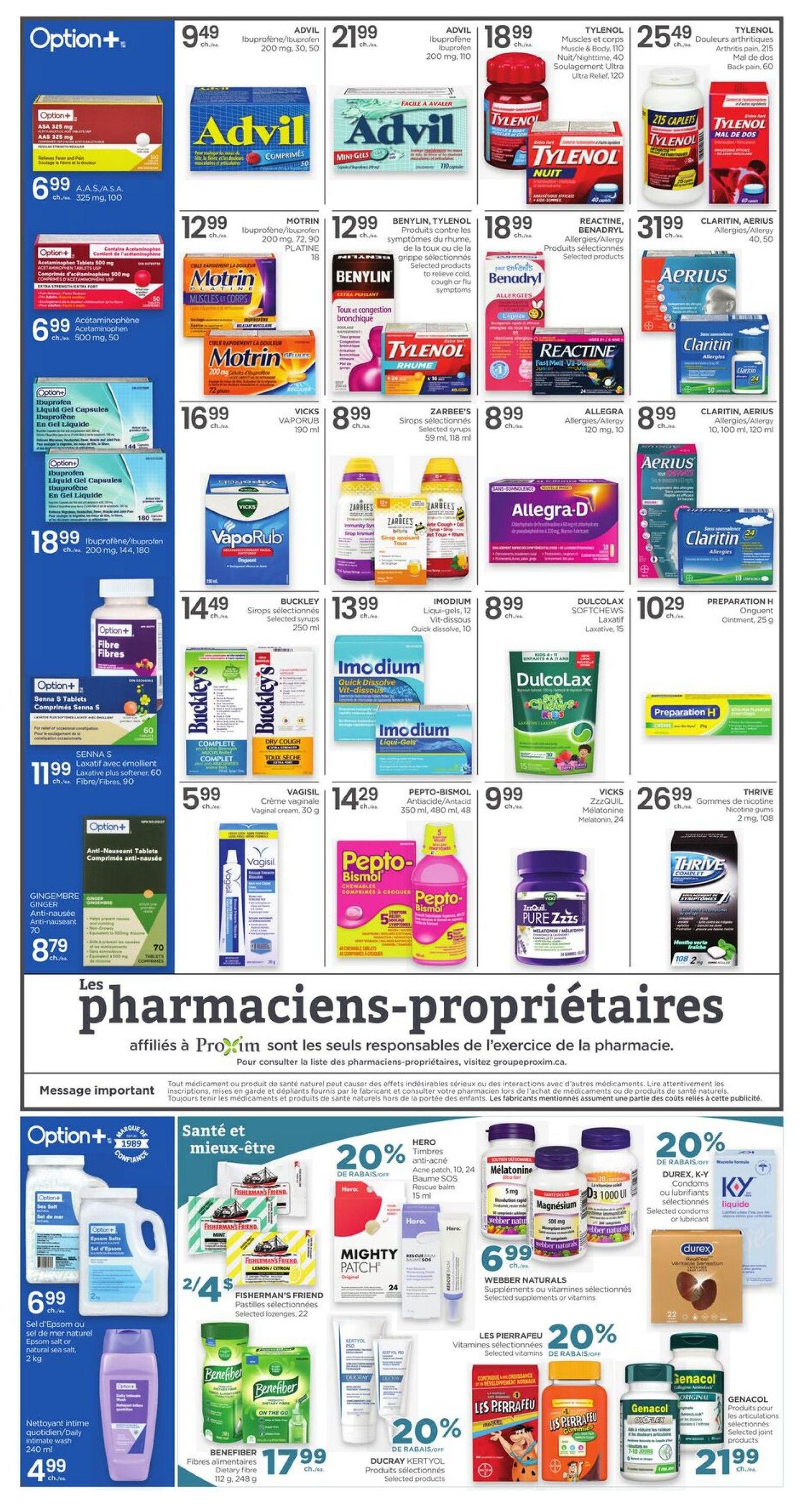 Proxim flyer page 3 features a wide selection of health and wellness products. Top section includes Advil Ibuprofen 200 mg for $9.49, Advil Mini Gels Ibuprofen 200 mg for $21.99, Tylenol Muscless & Joints 120 caplets for $18.99, and Tylenol Arthritis Pain 215 caplets for $25.49. Other featured items are Motrin Ibuprofen/Ibuprofen Platine 18 for $12.99, Benylin Cough and Cold products for $12.99, Reactine Allergy 40, 50 mg for $18.99, and Claritin Aerius Allergy 40, 50 mg for $31.99. Also available are Vicks VapoRub 190 ml for $16.99, Zarbee's Syrup selected flavours 59 ml, 118 ml for $8.99, Allegra-D Allergy 120 mg for $8.99, and Claritin Aerius Allergy 10, 100 ml, 120 ml for $8.99. Lower section highlights health and wellness deals: Option+ Epsom Salt or Natural Sea Salt 2 kg for $6.99, Option+ Daily Intimate Wash 240 ml for $4.99, Fisherman's Friend Pastilles selected flavours, 22 lozenges for 2/$4, Benefiber Dietary Fibre 112 g, 248 g for $17.99. There are also promotions like 20% off Hero Acne Patch, Rescue Balm, Mighty Patch, and Ducray Kertol products. Webber Naturals Melatonin 5 mg, Magnesium 500 mg, and D3 1000 UI are $6.99. Durex condoms or lubricant are featured with 20% off. Les Pierrafeu Vitamins selected vitamins and Genacol Joint products are also available. Pepto-Bismol Antacid/Antacid 350 ml, 48 ml for $14.29, Vagisil Cream 30 g for $5.99, and Vicks ZzzQuil Melatonin 24 for $9.99 are also on sale.