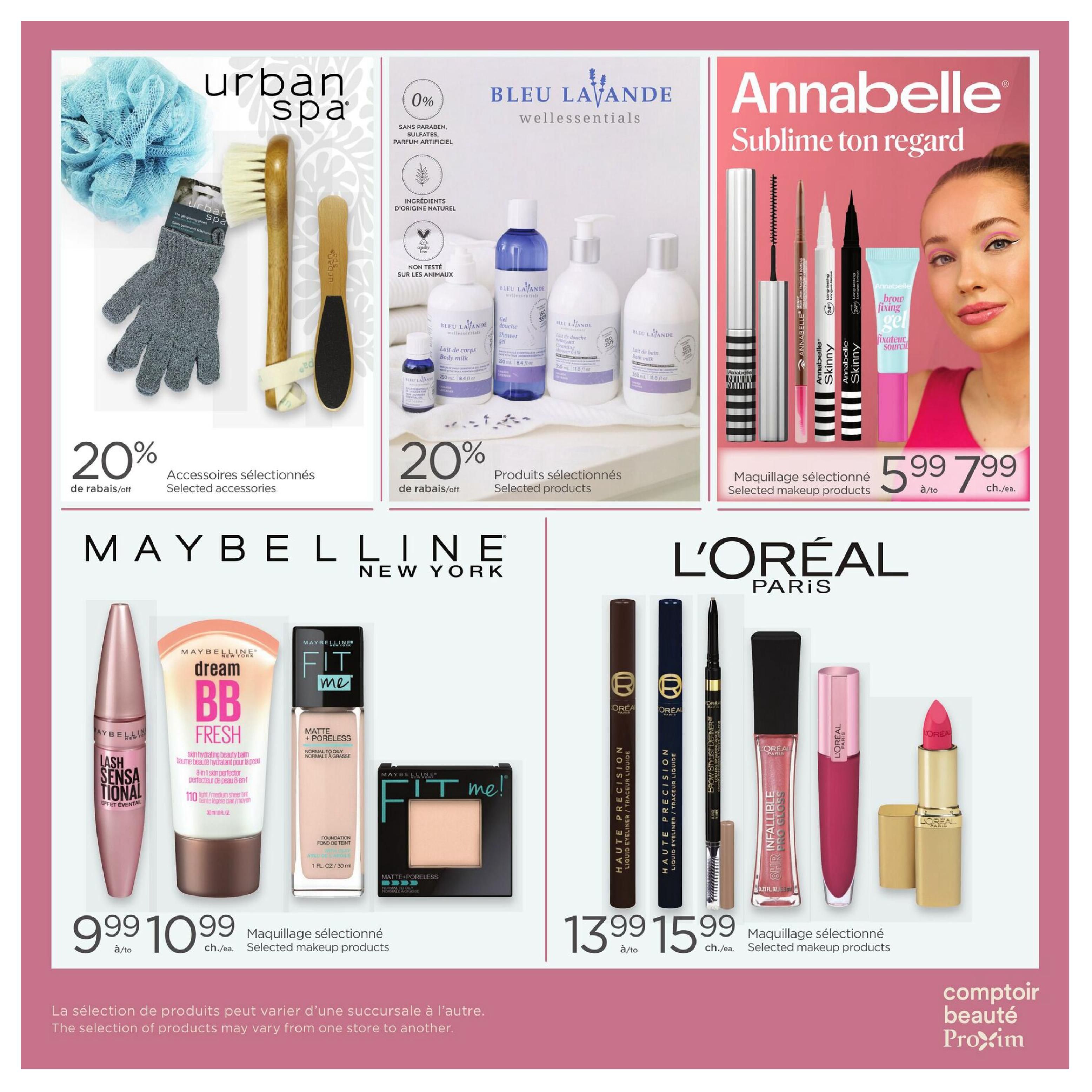 Proxim Weekly Flyer Specials Page 7 features a variety of beauty products. Top section showcases Urban Spa selected accessories with a 20% discount, including a blue bath pouf, a grey exfoliating glove, a wooden-handled brush, and a foot file. Next to it, Bleu Lavande selected products are featured with a 20% discount, offering body milk, shower gel, and bath milk. The Annabelle section highlights selected makeup products, such as mascara, skinny brow pencils, liquid eyeliner, and brow fixing gel, priced at $5.99 to $7.99 each. The bottom section displays Maybelline New York selected makeup products, including Lash Sensational mascara, Dream BB Fresh hydrating balm, and Fit Me Matte + Poreless foundation, priced from $9.99 to $10.99. The L'Oréal Paris section features selected makeup products like Infallible Pro Gloss and lipstick, with prices ranging from $13.99 to $15.99. A disclaimer at the bottom states that product selection may vary by store.