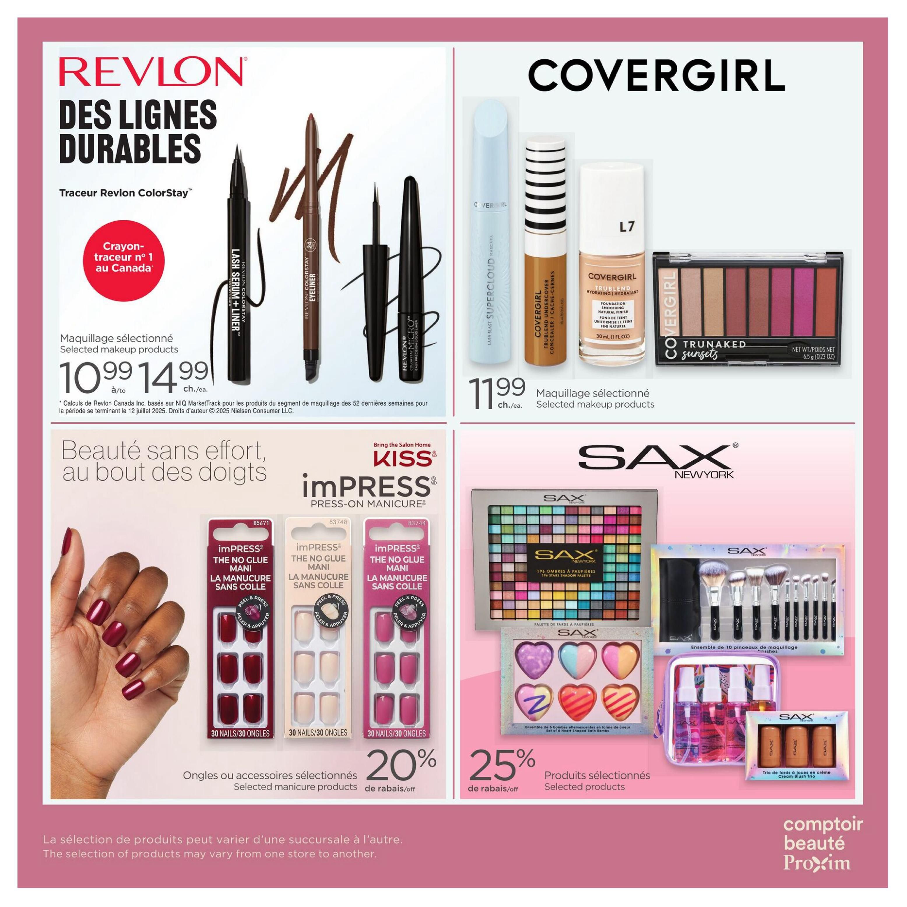 Proxim Weekly Flyer Specials Page 8 features beauty products. Revlon ColorStay selected makeup products are on sale for $10.99 each. Covergirl selected makeup products, including Lash Blast Supercoud Mascara and TruBlend Hydrating Foundation, are $11.99 each. ImPress Press-On Manicure products are 20% off. Sax New York offers a 196-shade eyeshadow palette, a set of 6 heart-shaped bath bombs, a 10-piece makeup brush set, a trio of cream blush, and a set of body mists, with selected products 25% off. The bottom of the page states that product selection may vary by store.
