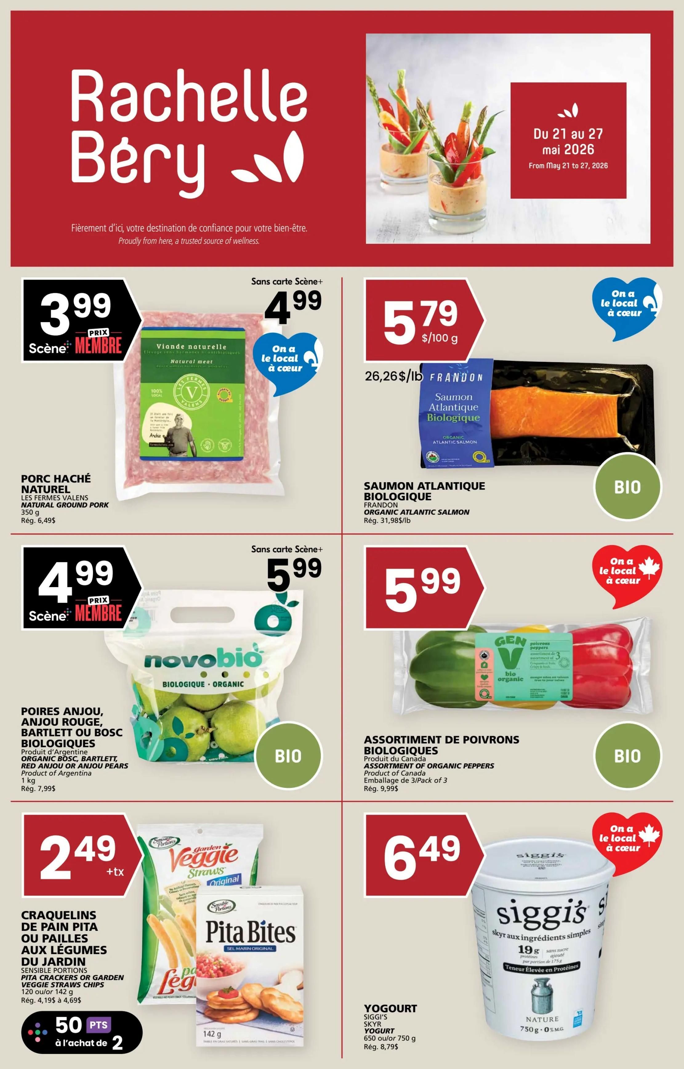 Rachelle Béry flyer page 1 featuring weekly specials. Top section shows natural ground pork for $3.99 (member price) or $4.99 (non-member price), and organic Atlantic salmon for $5.79 per 100g. The middle section highlights Anjou, Red Anjou, Bartlett, or Bosc organic pears for $4.99 (member price) or $5.99 (non-member price), and organic assorted peppers for $5.99. The bottom section features Sensible Portions pita crackers or Veggie Straws chips for $2.49 + tax, with a special offer of 50 points for purchasing 2 items, and Siggi's skyr yogurt for $6.49. All prices are valid from May 21 to May 27, 2026.