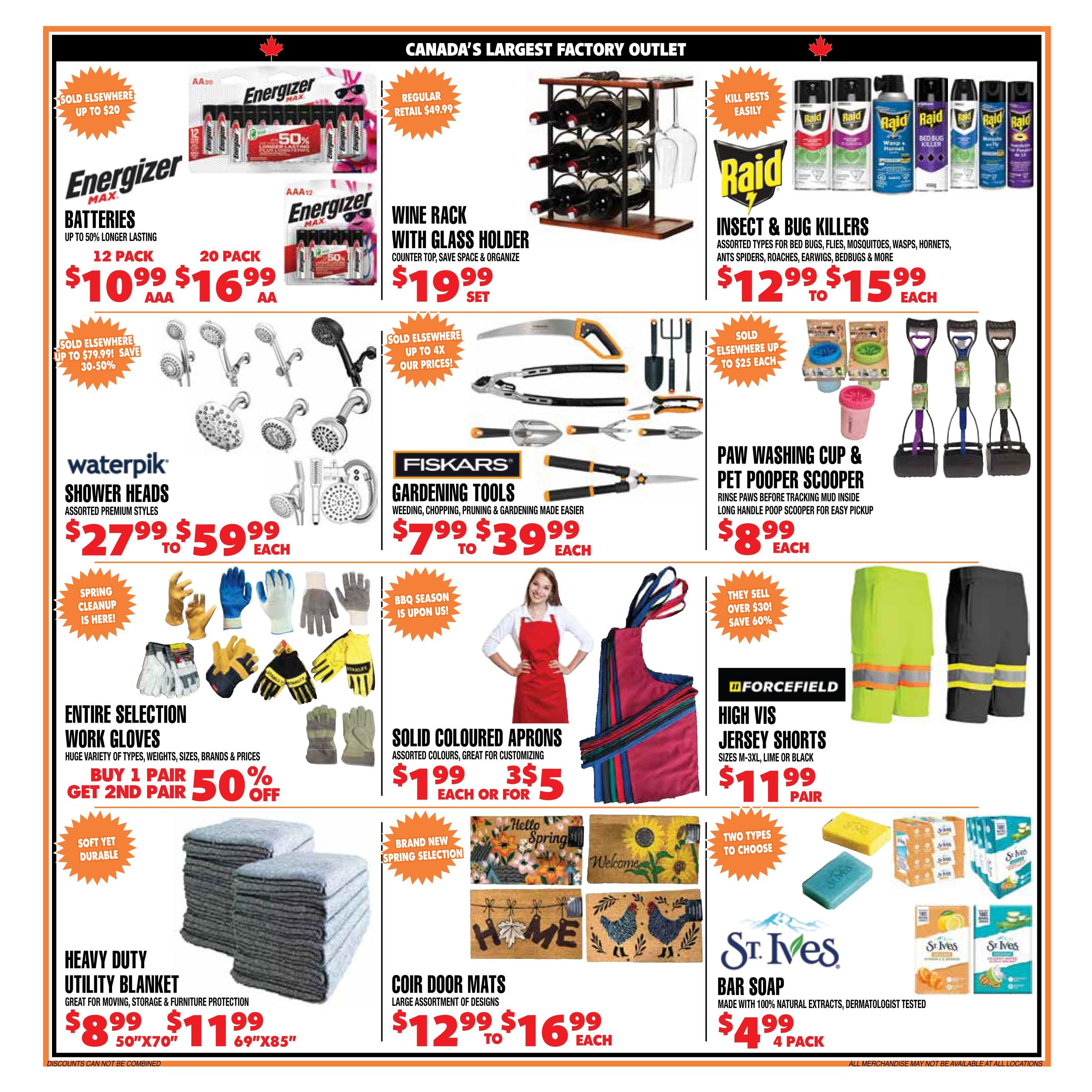 Len's Mill Stores flyer specials page 2 features Energizer batteries, 12 pack for $10.99 and 20 pack for $16.99, with up to 50% longer lasting power. Also available are Waterpik shower heads starting at $27.99 to $59.99 each, and an entire selection of work gloves with a buy 1 pair, get 2nd pair 50% off deal. Heavy duty utility blankets are priced at $8.99 for 50'x70' and $11.99 for 69'x85'. Other deals include a wine rack with glass holder for $19.99, Raid insect and bug killers from $12.99 to $15.99, Fiskars gardening tools from $7.99 to $39.99, and solid coloured aprons for $1.99 each or 3 for $5. Coir door mats are available from $12.99 to $16.99. Pet supplies include Paw Washing Cups & Pet Pooper Scoopers for $8.99 each, and Forcefield High Vis Jersey Shorts for $11.99 per pair. St. Ives bar soap is on sale for $4.99 for a 4 pack.