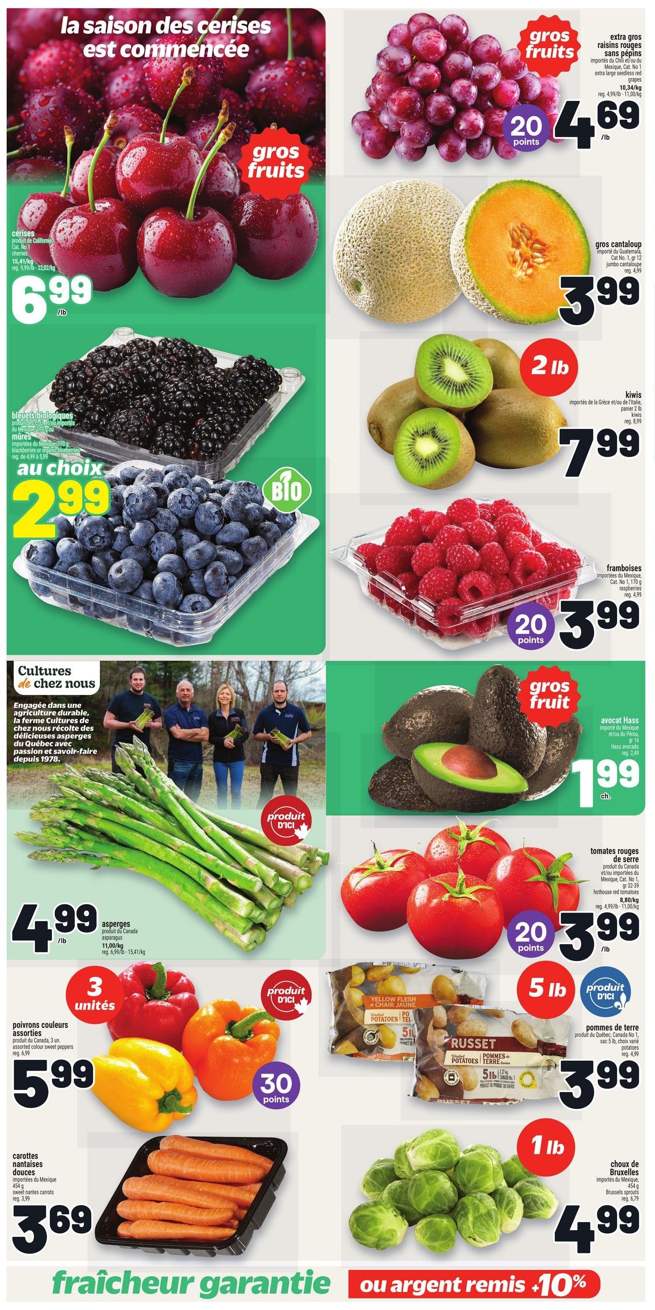 Metro weekly flyer specials page 5 featuring a variety of fresh produce. Cherries are $6.99/lb. Organic blackberries are $2.99, and organic blueberries are also $2.99. Red and green seedless grapes are $4.69/lb with 20 bonus points. Cantaloupe is $3.99. Kiwis are $7.99 for a 2 lb package. Raspberries are $3.99 with 20 bonus points. Hass avocados are $1.99 each. Canadian asparagus is $4.99/lb. Assorted colour sweet peppers are 3 units for $5.99 with 30 bonus points. Red greenhouse tomatoes are $3.99/lb with 20 bonus points. Russet potatoes are 5 lb bags for $3.99. Sweet carrots from Mexico are $3.69 for a 454g package. Brussels sprouts from Mexico are $4.99/lb. The flyer also highlights 'Cultures de chez nous' featuring Quebec-grown asparagus and a guarantee of freshness or 10% back.