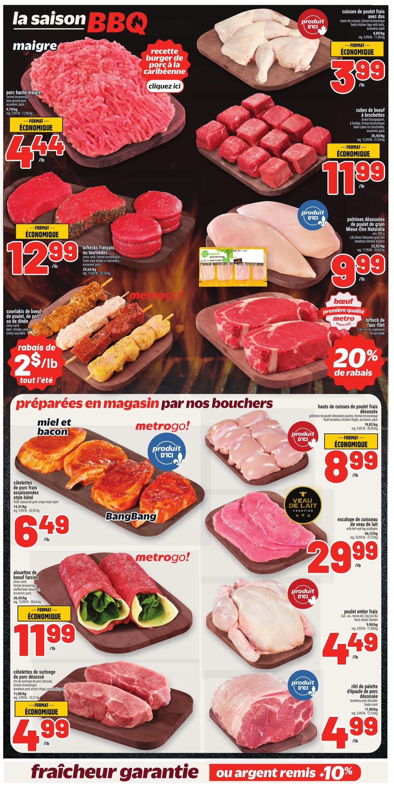 Metro weekly flyer specials page 6 features a BBQ season theme with various meat products. Highlights include lean ground pork for $4.44/lb, French-style steaks or tournedos for $12.99/lb, and beef, chicken, pork, or turkey skewers on sale for $2/lb all summer. Also featured are fresh chicken thighs with back for $3.99/lb, beef cubes for brochettes for $11.99/lb, and grain-fed boneless chicken breasts for $9.99/lb. Prepared items include honey and bacon hotel-style pork chops for $6.49/lb, and stuffed beef wraps for $11.99/lb. Other specials include boneless pork shoulder roast for $4.99/lb, premium quality Metro beef T-bone or rib steaks with a 20% discount, milk-fed veal leg scallops for $29.99/lb, and a whole fresh chicken for $4.49/lb.
