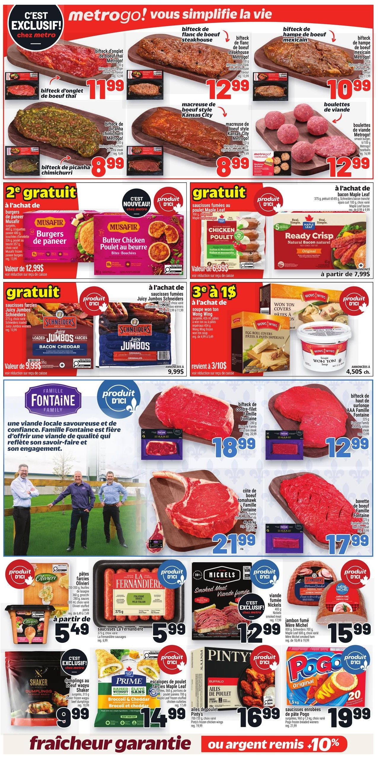 Metro weekly flyer specials page 7 featuring various meat products and deals. Top row includes Metro beef flank steak for $12.99, Mexican beef sirloin steak for $10.99, and beef meatballs for $12.99. Middle row showcases Thai beef steak for $11.99, Kansas City style beef for $8.99, and more beef meatballs for $12.99. Special offers include 2nd item free on Musafir burgers (value $12.99) and Musafir butter chicken bites. Get free Maple Leaf smoked sausages with purchase of chicken. Ready Crisp natural bacon is available starting at $7.99. Other deals include 3 for $1 on Wong Wing wonton soup, and 4.50 ch. for Wong Wing wonton covers. Featured Fontaine Family beef cuts include strip loin steak for $18.99, AAA rib steak for $12.99, Tomahawk beef steak for $21.99/lb, and beef flank steak for $17.99. Also on sale are Olivieri pasta for $5.49, La Fernandière sausages for $5.99, Nickels smoked meat for $12.99, Shaker dumplings for $9.99, Prime frozen chicken wings for $14.99, Pinty's chicken wings for $16.99, and Pogo breaded wieners for $19.99.