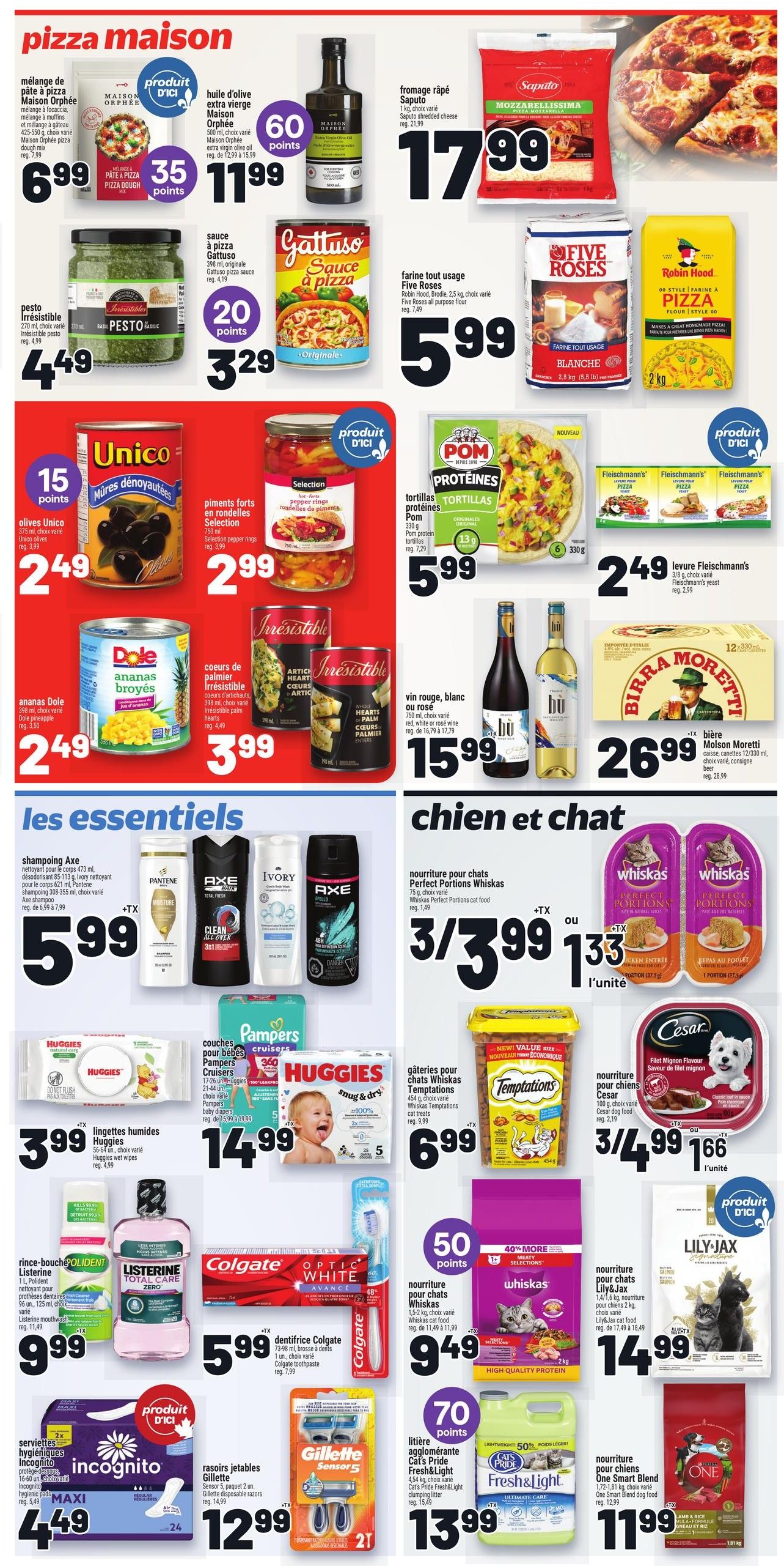 Metro Quebec weekly flyer specials page 16 features a 'Pizza Maison' section with Maison Orphée pizza dough for $6.99 and 35 points, Pesto Irresistible for $4.49, Maison Orphée extra virgin olive oil for $11.99 with 60 points, Gattuso pizza sauce for $3.29 with 20 points, Saputo shredded mozzarella cheese for $17.99, Five Roses all-purpose flour for $5.99, and Robin Hood Pizza flour for $5.99. Also available are Unico pitted olives for $2.49, Selection marinated pepper rings for $2.99, and POM protein tortillas for $5.99. The 'Les Essentiels' section includes Axe body spray and deodorant for $5.99 + tax, Pantene shampoo and conditioner for $5.99 + tax, Ivory body wash for $5.99 + tax, Huggies diapers and wipes for $14.99 and $3.99 respectively, Temptations cat treats for $6.99, Cesar dog food for $3.49 for 3 or $1.66 each, and Lily-Jaz cat food for $14.99. Other essentials include Listerine mouthwash for $9.99, Colgate Optic White toothpaste for $5.99, and Gillette Sensor 5 disposable razors for $12.99 + tax. Pet food deals include Whiskas cat food for $9.49 with 50 points, Cat's Pride Fresh & Light clumping litter for $13.99 with 70 points, and One Smart Blend dog food for $11.99. Beverage specials include red, white, or rosé wine for $15.99 and Molson Moresetti beer for $26.99.