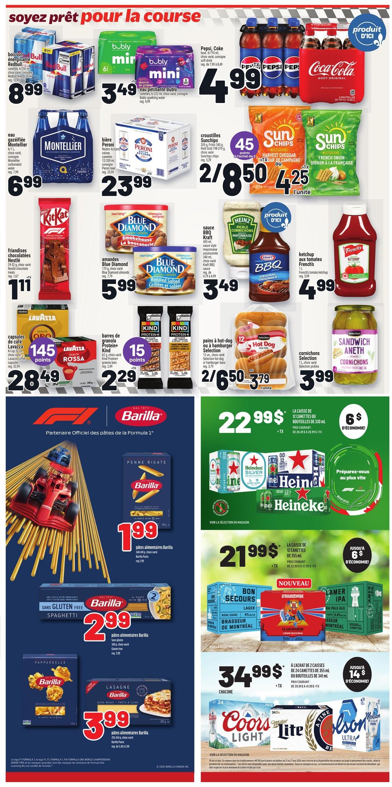 Metro weekly flyer specials page 18 features a variety of beverages and food items. Enjoy Red Bull energy drinks for $8.99, Montellier carbonated water for $6.99, and Bubly sparkling water for $3.49. Pepsi and Coke 12-packs are on sale for $4.99. Peroni beer is available for $23.99. SunChips Harvest Cheddar and French Onion are on special at 2 for $4.25. Indulge in KitKat chocolate bars for $1.11. Blue Diamond almonds, including Smokehouse and Roasted Salted varieties, are $5.99. Kraft BBQ sauce and Heinz ketchup are $3.49 and $4.99 respectively. Selection cornichons are $3.99. Lavazza coffee capsules are 145 points for $28.49. KIND Protein+ granola bars are 15 points for $2.29. Hot dog or hamburger buns are 2 for $6.50, or $3.79 each. Barilla pasta, including Penne Rigate and Gluten-Free Spaghetti, is $1.99 and $2.99 respectively. Barilla Lasagne is $3.99. A case of 12 cans or 330 ml bottles of Heineken or Coors Light is $22.99, with a $6 discount. Also featured are Bon Secours Lager, El Mexicano, and Amer IPA beers, with a case of 24 cans or 341 ml bottles of Coors Light, Miller Lite, Molson Canadian, and Molson Ultra on sale for $34.99, with a $14 discount.