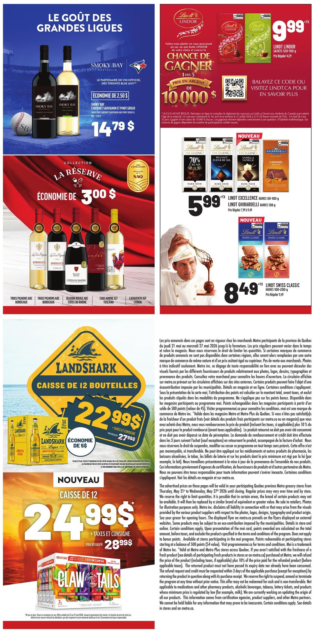 Metro Quebec weekly flyer specials, page 20. Features Smoky Bay Australia Cabernet Sauvignon and Pinot Grigio wine for $14.79, saving $2.50. Also includes La Réserve collection wines: Trois Pignons AOC Bordeaux, Blason Rouge AOC Côtes du Rhône, Ciao Amore IGT Toscana, and Catavento IGP Lisboa. Offers Lindt Excellence bars (70% Cacao, Sea Salt Fleur de Sel, Vanilla Vanilla) and Ghirardelli Caramel bars for $5.99, with a regular price of $7.99 to $9.49. Also features Lindt Swiss Classic bars for $8.49, with a regular price of $11.49. Landshark Lager 12-bottle case is on special for $22.99 plus taxes and a $5 economy saving, with a regular price of $27.99 plus taxes and consigne. New Claw Tails 7% alc./vol. beverage is also featured. The flyer is valid from May 21 to May 27, 2026.