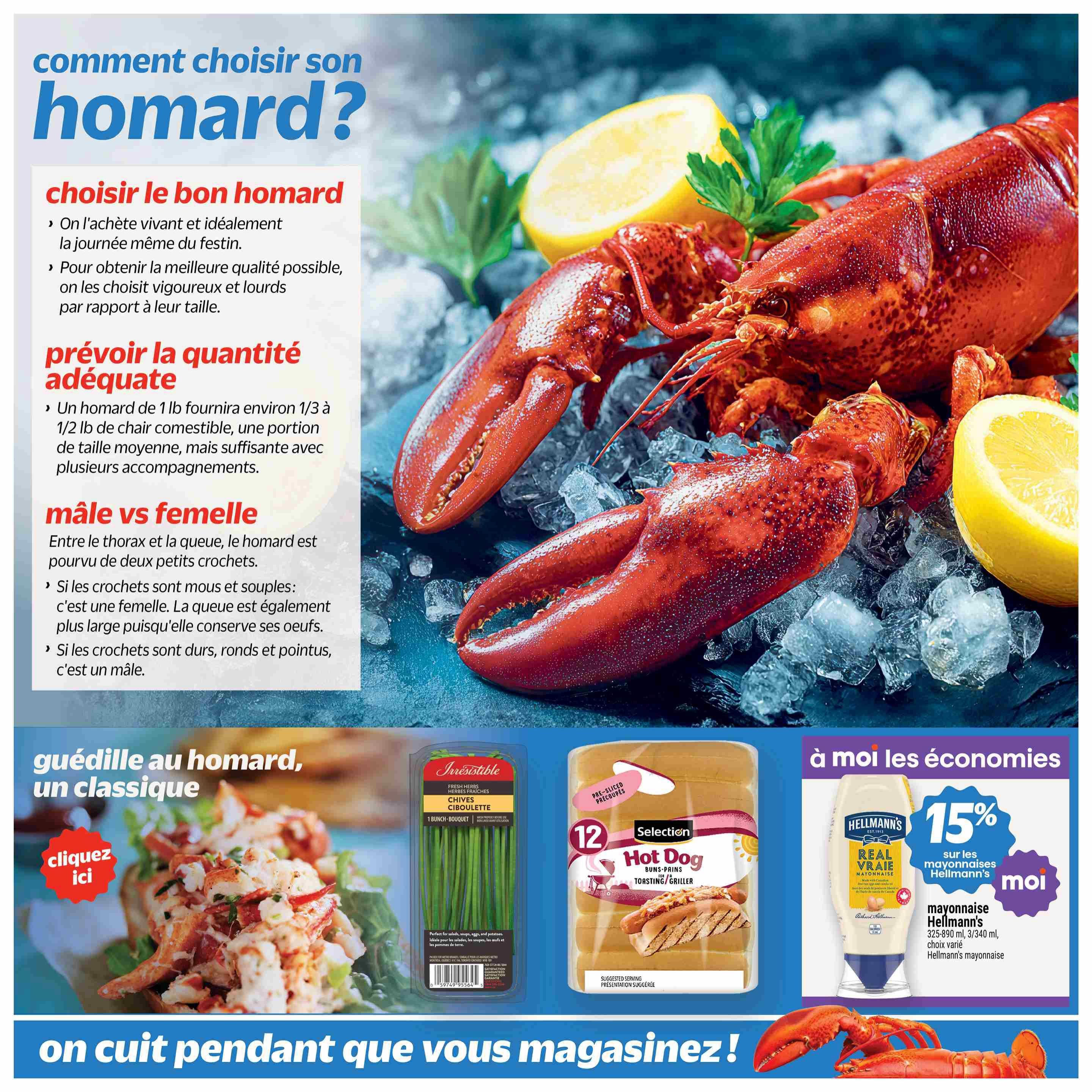 Metro Quebec Weekly Flyer Specials, Page 22. This page features tips on how to choose lobster, including advice on selecting live lobsters, estimating quantity, and differentiating between male and female lobsters. It also includes a recipe for lobster salad. Featured products include Irresistible Chives (fresh herbs), Selection Hot Dog Buns, and Hellmann's Mayonnaise with a 15% discount on various sizes (325-890 ml / 340 ml). The page has a large image of a cooked lobster on ice with lemon slices.