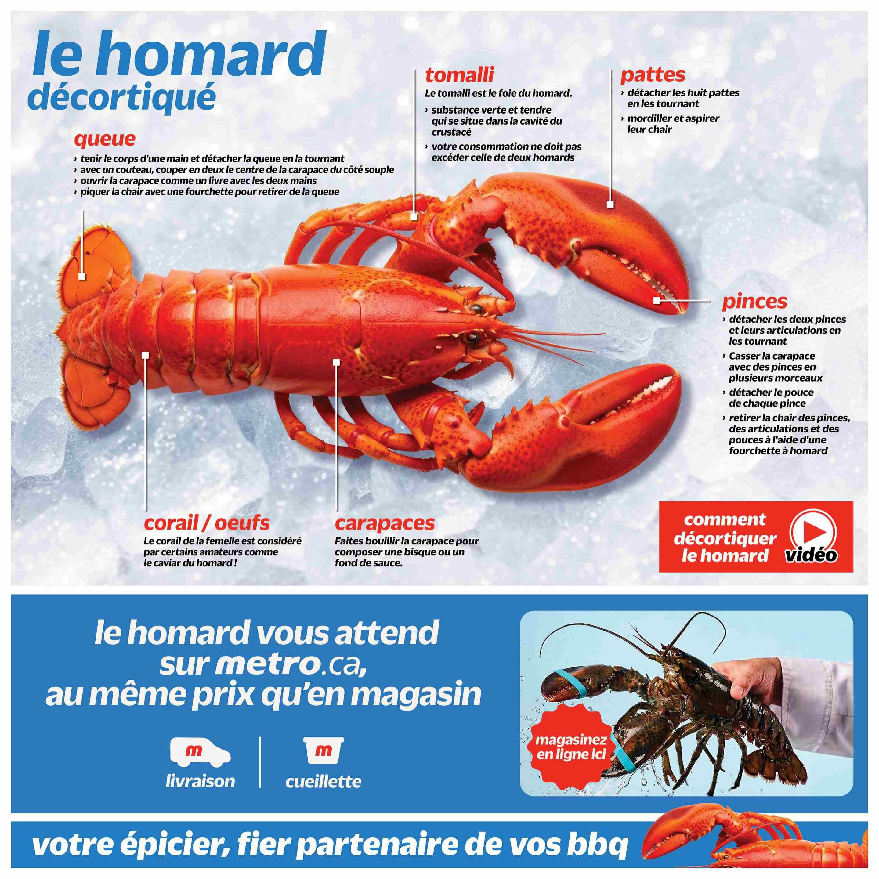 Metro Quebec weekly flyer specials, page 24. This page features a detailed guide on how to prepare and serve lobster, titled 'The Lobster Decorticated'. It includes diagrams and instructions for preparing the tail (queue), tomalley (tomalli), legs (pattes), and claws (pinces). The page also highlights that lobster is available at Metro.ca at the same price as in-store, with options for delivery (livraison) and in-store pickup (cueillette). A video tutorial on how to prepare lobster is also promoted. The bottom of the page reads 'your grocer, proud partner of your BBQs'.