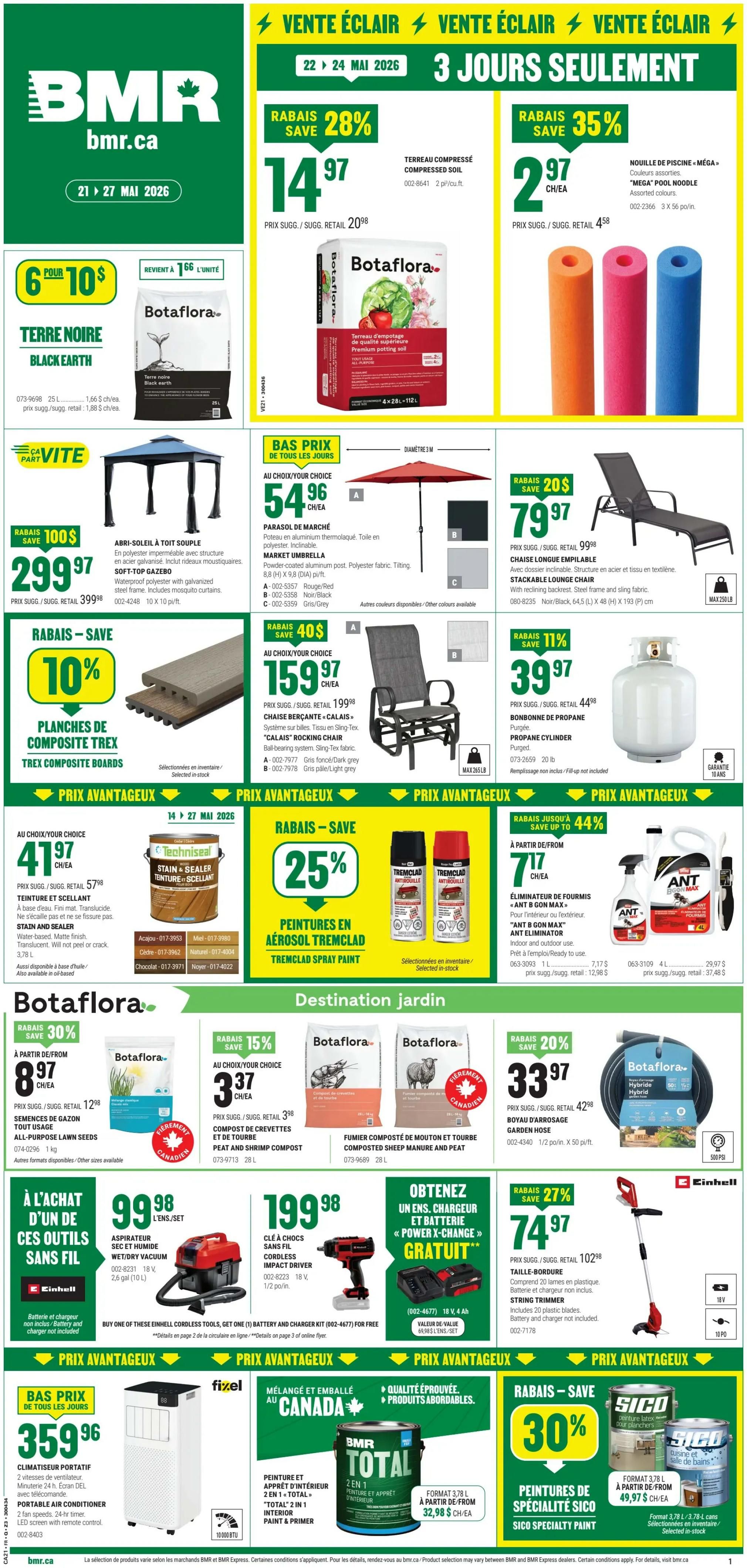 BMR Weekly Flyer Specials, Page 1. Deals valid May 22-27, 2026. Featured items include compressed soil for $14.97 (save 28%), Mega Pool Noodles for $2.97 each (save 35%), and Black Earth soil for 6 for $10. Also available are Botafiora premium potting soil, a soft-top gazebo for $299.97 (save $100), and Market Umbrella for $54.96. Other deals include Trex composite boards, Techniseal stain and sealer for $41.97, Tremclad spray paint for 25% off, and Ant Eliminator for $7.17. Garden destination items include Botafiora peat and shrimp compost for $3.37, composted sheep manure and peat, and a Botafiora hybrid garden hose for $33.97 (save 20%). Power tool specials include a cordless impact driver kit for $199.98 and a string trimmer for $74.97 (save 27%). Also featured is a portable air conditioner for $359.96, BMR Total 2-in-1 interior paint and primer starting at $32.98, and Sico specialty paint starting at $49.97 (save 30%).