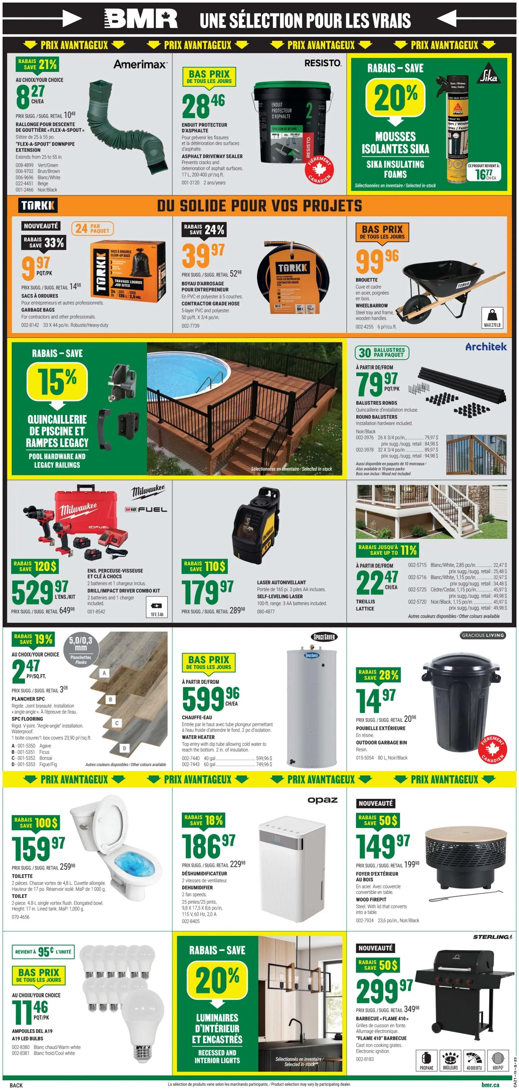 BMR Weekly Flyer Specials Page 2: Features a variety of home improvement and project supplies. Highlights include a Flex-A-Spout Downpipe Extension for $8.27, Asphalt Driveway Sealer for $28.46, and Sika Insulating Foams at 20% off, with a final price of $16.77 each. Project essentials include Torkk Garbage Bags for $9.97/pk, Torkk Contractor Grade Hose for $39.97, and an Architek Wheelbarrow for $99.96. Save 15% on Pool Hardware and Legacy Railings. Milwaukee M18 Fuel Drill/Impact Driver Combo Kit is on sale for $529.97 (save $120). A Self-Leveling Laser is available for $179.97 (save $110). Round Balusters start at $79.97/pk. Also featured are 5.0/0.3 mm SPC Flooring planks at $2.47/sq.ft. (save 19%), a Space Saver Water Heater for $599.96, and Lattice Trellis starting at $22.47. Outdoor Garbage Bin for $14.97 (save 28%). A Toilet is priced at $159.97 (save $100). A Dehumidifier is on sale for $186.97 (save 18%). Wood Firepit for $149.97 (save $50). Recessed and Interior Lights are 20% off. Finally, a Sterling BBQ 'Flame 410' is available for $299.97 (save $50).