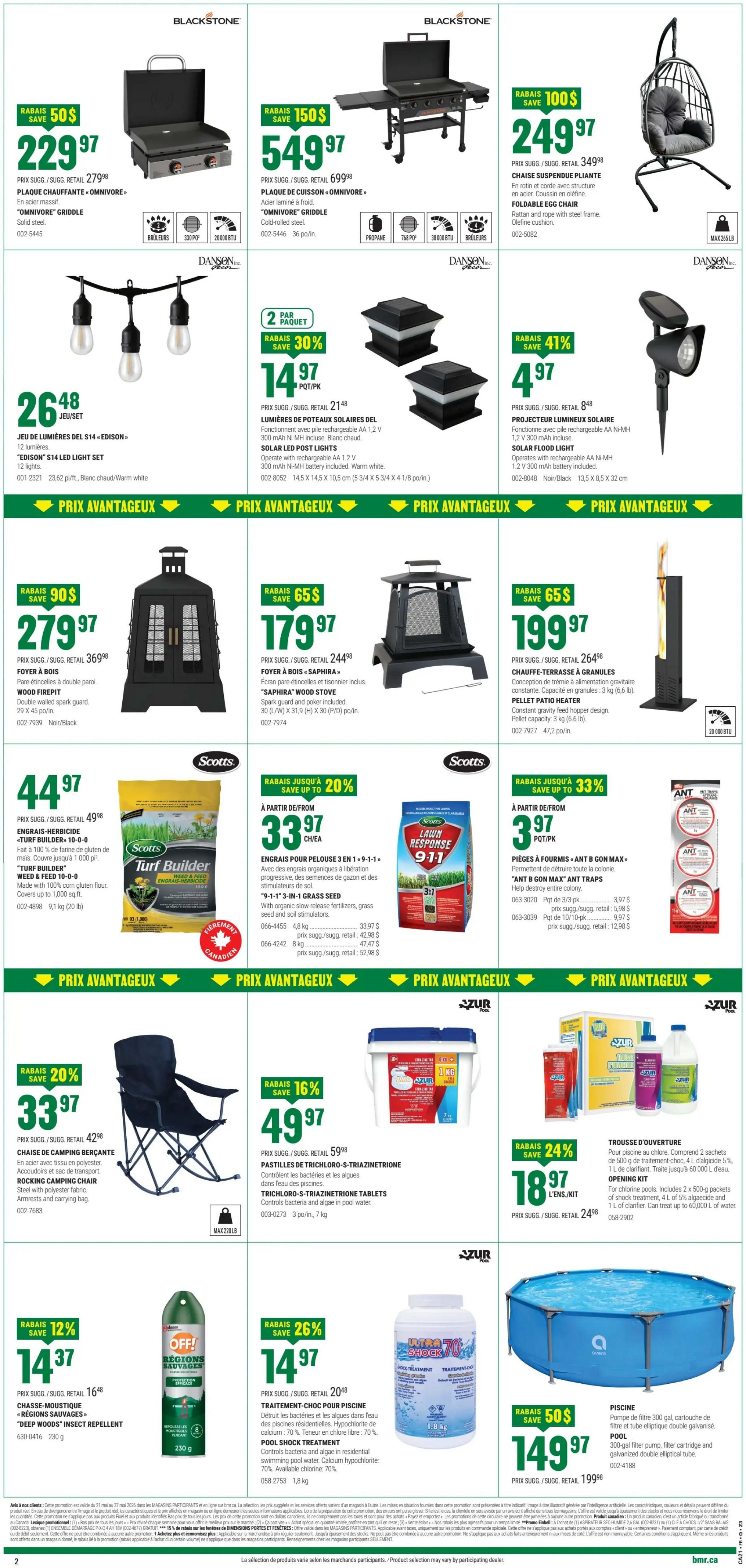 BMR Weekly Flyer Specials Page 3 features Blackstone Omnivore Griddle for $229.97 (save $50), Blackstone Omnivore Griddle with side table for $549.97 (save $150), and a Blackstone Foldable Egg Chair for $249.97 (save $100). Also available are Edison S14 LED Light Set for $26.48, and 2-pack Solar LED Post Lights for $14.97 (save 30%). A Solar Flood Light is on sale for $4.97 (save 41%). Featured are a Wood Firepit for $279.97 (save $90), a Saphira Wood Stove for $179.97 (save $65), and a Pellet Patio Heater for $199.97 (save $65). Scotts Turf Builder Weed & Feed 10-0-0 is $44.97. Scotts 3-in-1 Grass Seed is $33.97 (save up to 20%), and Ant B Gon Max Ant Traps are $3.97 (save up to 33%). A Rocking Camping Chair is $33.97 (save 20%). Trichloro-S-Triazinetrione Tablets are $49.97 (save 16%). Opening Kit for pool shock treatment is $18.97 (save 24%). Off! 'Deep Woods' Insect Repellent is $14.37 (save 12%). Pool Shock Treatment is $14.97 (save 26%). A 300-gal filter pump pool is $149.97 (save $50).
