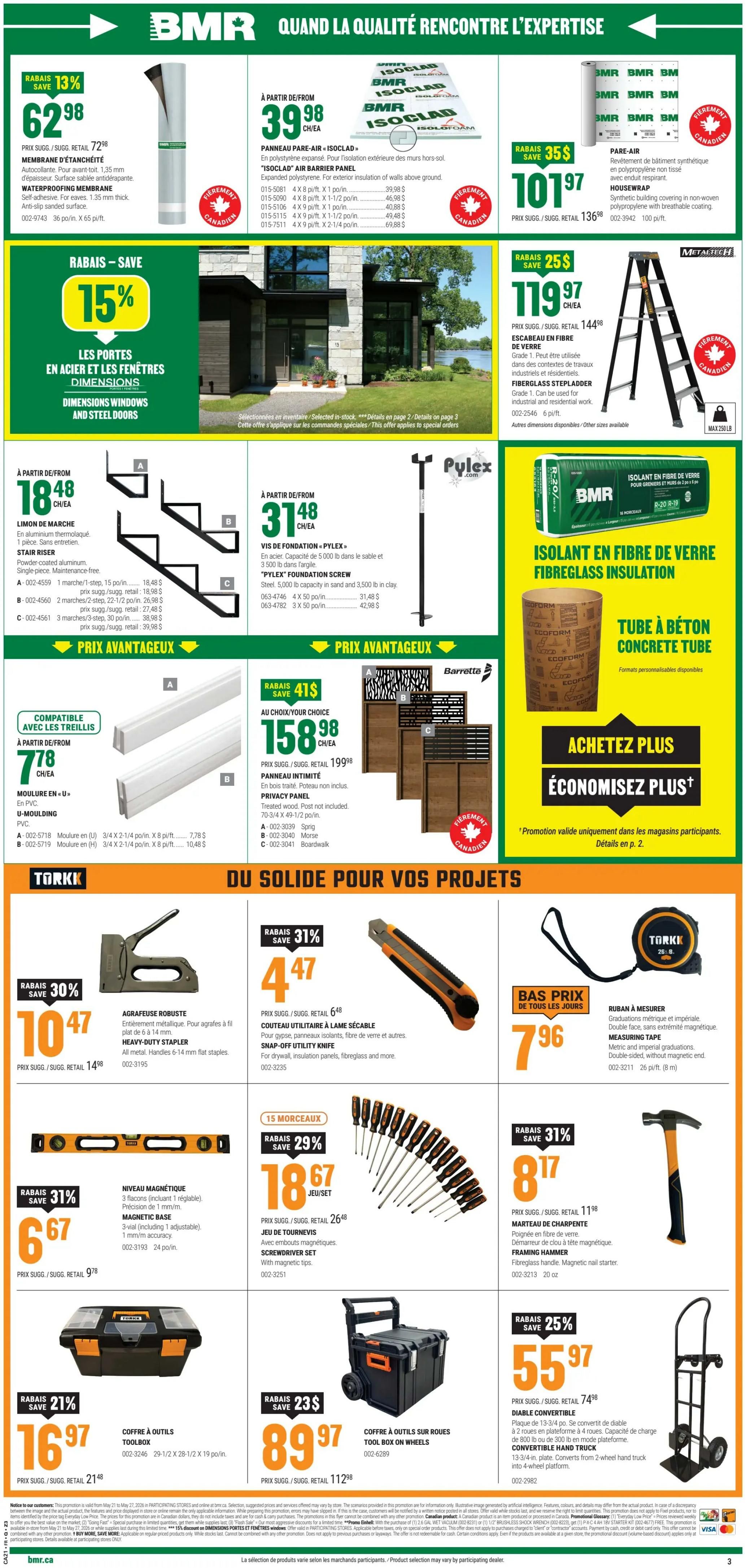 BMR Weekly Flyer Specials, Page 4. Features a selection of building and renovation products. Top section includes Waterproofing Membrane for $62.98, 'Isoclad' Air Barrier Panel starting at $39.98, and Housewrap synthetic building covering for $101.97. Also featured is a Metaltech Fiberglass Stepladder for $119.97. Middle section showcases Stair Rises for $18.48, Pylex Foundation Screw for $31.48, and Fiberglass Insulation for $47.48. Bottom section highlights U-Moulding in PVC for $7.78, Privacy Panels starting at $158.98, a Heavy-Duty Stapler for $10.47, Snap-Off Utility Knife for $4.47, a Measuring Tape for $7.96, a 15-piece Screwdriver Set for $18.67, a Magnetic Base 3-level for $6.67, a Framing Hammer for $8.17, a Toolbox for $16.97, a Convertible Hand Truck for $55.97, and a Tool Box on Wheels for $89.97.