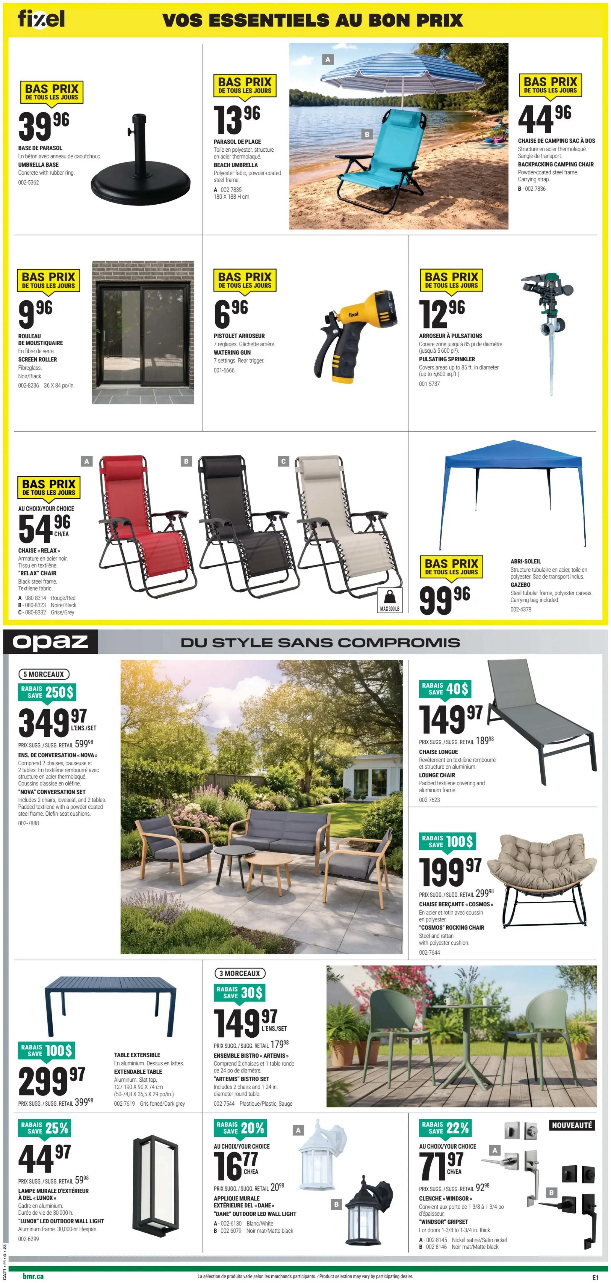BMR Weekly Flyer Specials, Page 5. Top section features outdoor essentials on sale: a concrete umbrella base for $39.96, a beach umbrella for $13.96, a blue backpack camping chair for $44.96, a screen roller for $9.96, a watering gun for $6.96, a pulsating sprinkler for $12.96, and a gazebo for $99.96. Below, 'Opaz' brand patio furniture is featured: a 5-piece 'Nova' conversation set is on sale for $349.97 (save $250), a lounge chair for $149.97 (save $40), and a 'Cosmos' rocking chair for $199.97. Also shown are a large extendable table for $299.97 (save $100), an 'Artemis' bistro set for $149.97 (save $30), a 'Lunox' outdoor wall light for $44.97 (save 25%), and 'Dane' outdoor LED wall lights available for $16.77 each (save 20%). Finally, 'Windsor' gripsets are available for $71.97 (save 22%).