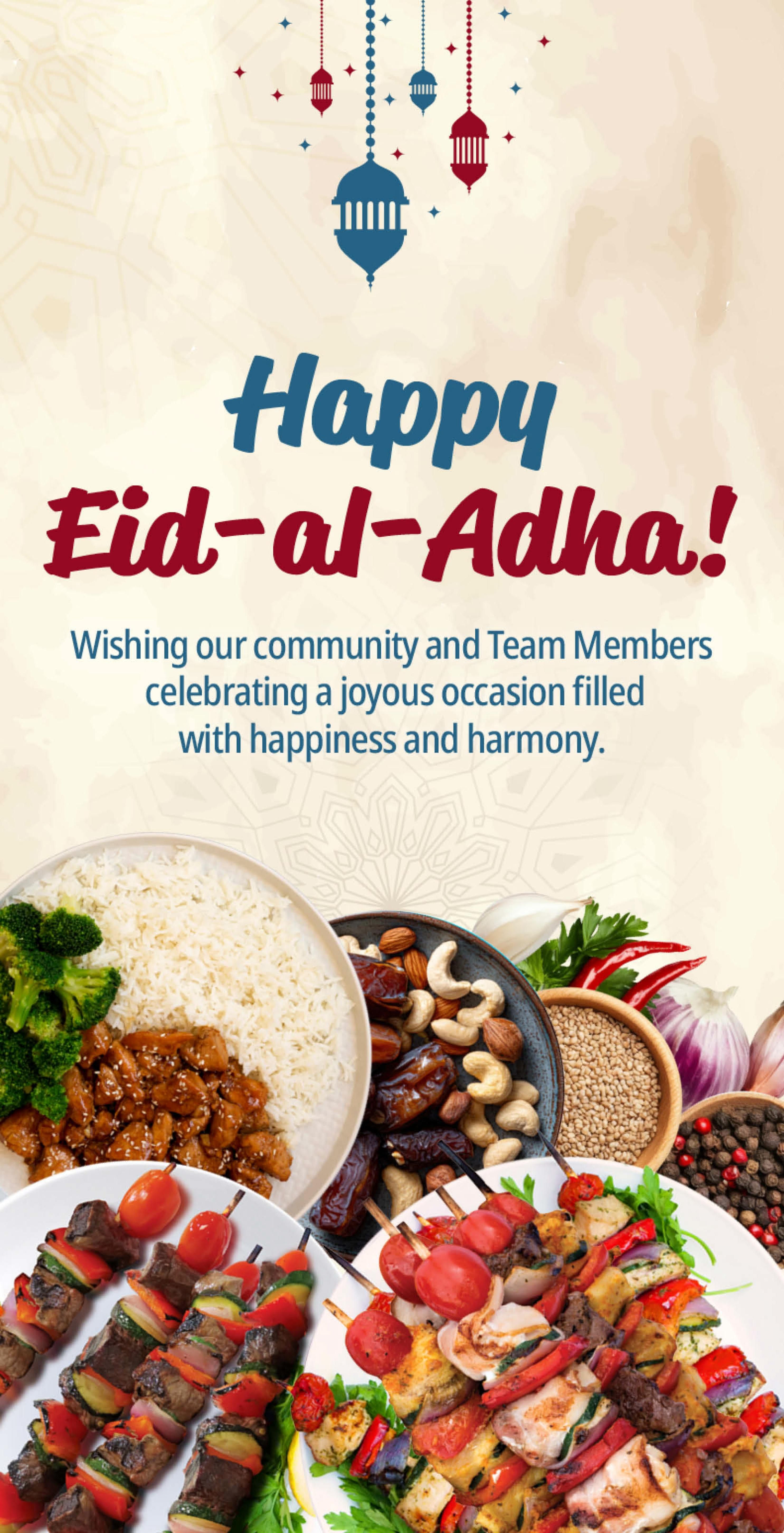 Farm Boy flyer page 8 features a festive greeting for Eid-al-Adha, wishing the community and team members a joyous occasion. The page displays an assortment of delicious food items, including beef and vegetable skewers, chicken skewers with peppers and onions, a plate of rice with broccoli and glazed chicken, a bowl of mixed nuts and dates, and ingredients like sesame seeds, garlic, chili peppers, and peppercorns. This page is dedicated to celebrating the holiday with a focus on celebratory food.