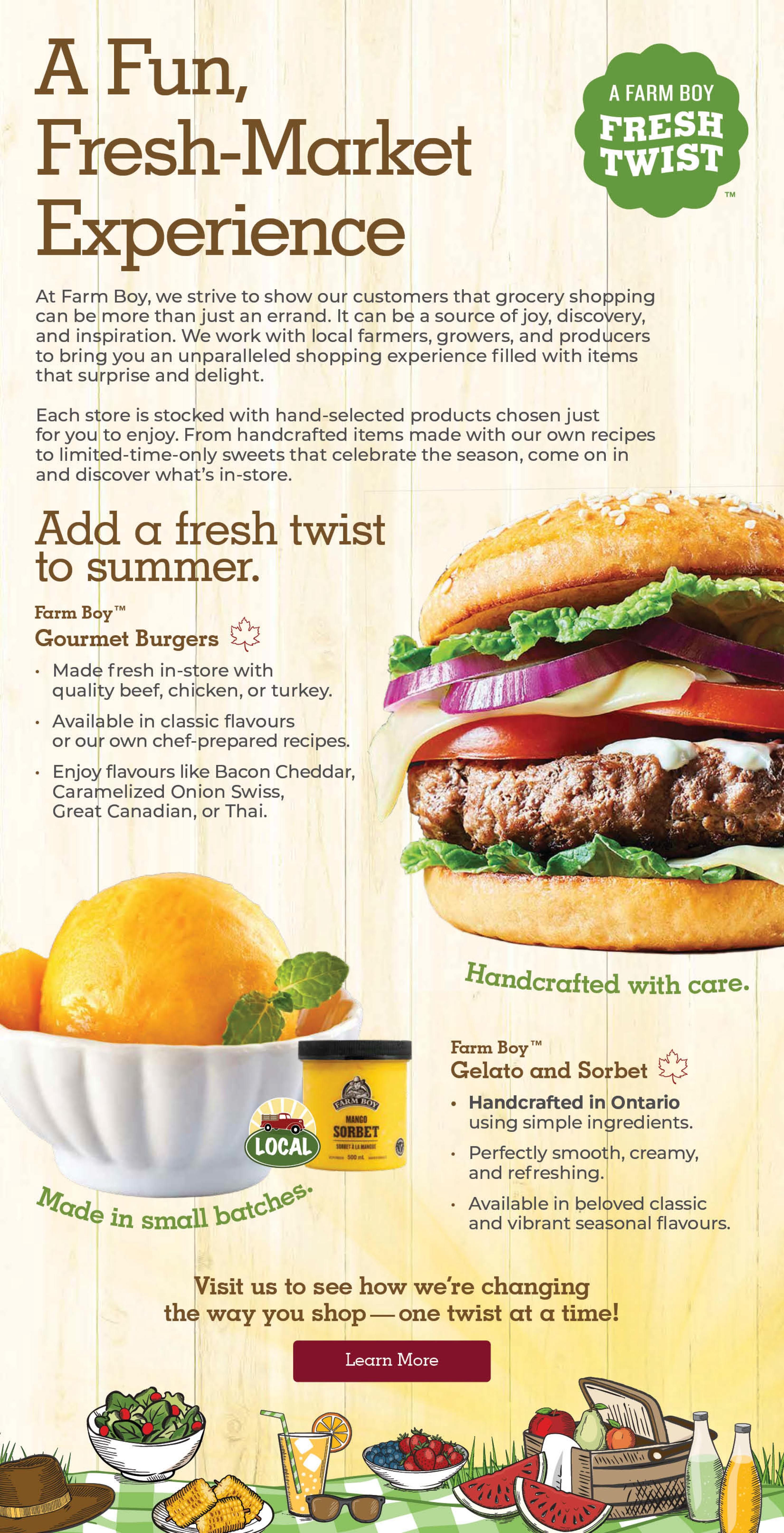 Farm Boy flyer page 10 features a 'A Fun, Fresh-Market Experience' theme. It highlights Farm Boy Gourmet Burgers, made fresh in-store with quality beef, chicken, or turkey, available in classic flavours or chef-prepared recipes like Bacon Cheddar, Caramelized Onion Swiss, Great Canadian, or Thai. Also featured is Farm Boy Gelato and Sorbet, handcrafted in Ontario with simple ingredients, described as perfectly smooth, creamy, and refreshing, and available in classic and seasonal flavours. The page includes images of a gourmet burger, a bowl of oranges, a container of Farm Boy Mango Sorbet, and a variety of summer picnic items like salads, corn on the cob, drinks, berries, watermelon, and a picnic basket. A 'Learn More' button invites customers to discover how Farm Boy is changing the way they shop.