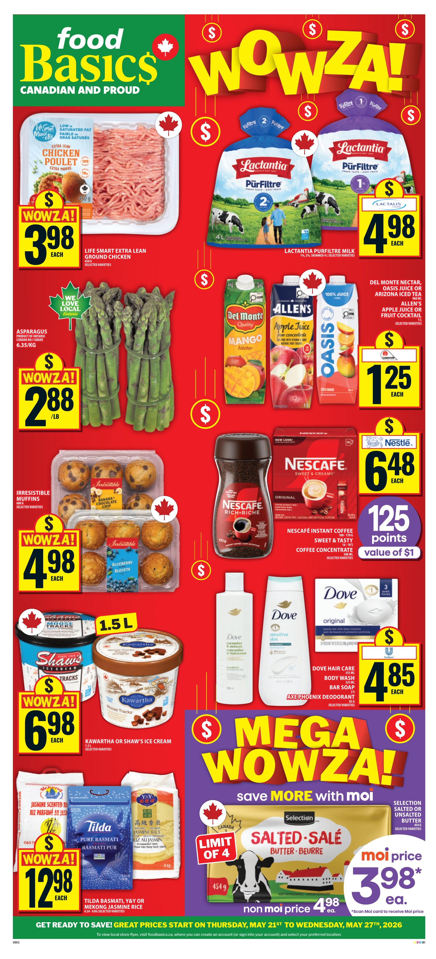 Food Basics flyer page 1 featuring 'Wowza!' specials. Highlights include Life Smart Extra Lean Ground Chicken for $3.98, Lactantia Purfiltre Milk 2% or Skimmed 4L for $4.98, Asparagus for $2.88/lb, Irresistible Muffins for $4.98, Kawartha or Shaws Ice Cream for $6.98, Tilda Basmati, Y&Y or Mekong Jasmine Rice for $12.98. Also featured are Del Monte Nectar, Oasis Juice or Arizona Iced Tea for $1.25, Nescafé Instant Coffee for $6.48 plus 125 points (value of $1), and Dove Hair Care, Body Wash, Bar Soap or Axe Phoenix Deodorant for $4.85. The page also promotes Selection Salted or Unsalted Butter at a Moi price of $3.98 each (non-Moi price $4.98 each), with a limit of 4. The flyer specials run from Thursday, May 21st to Wednesday, May 27th, 2026.
