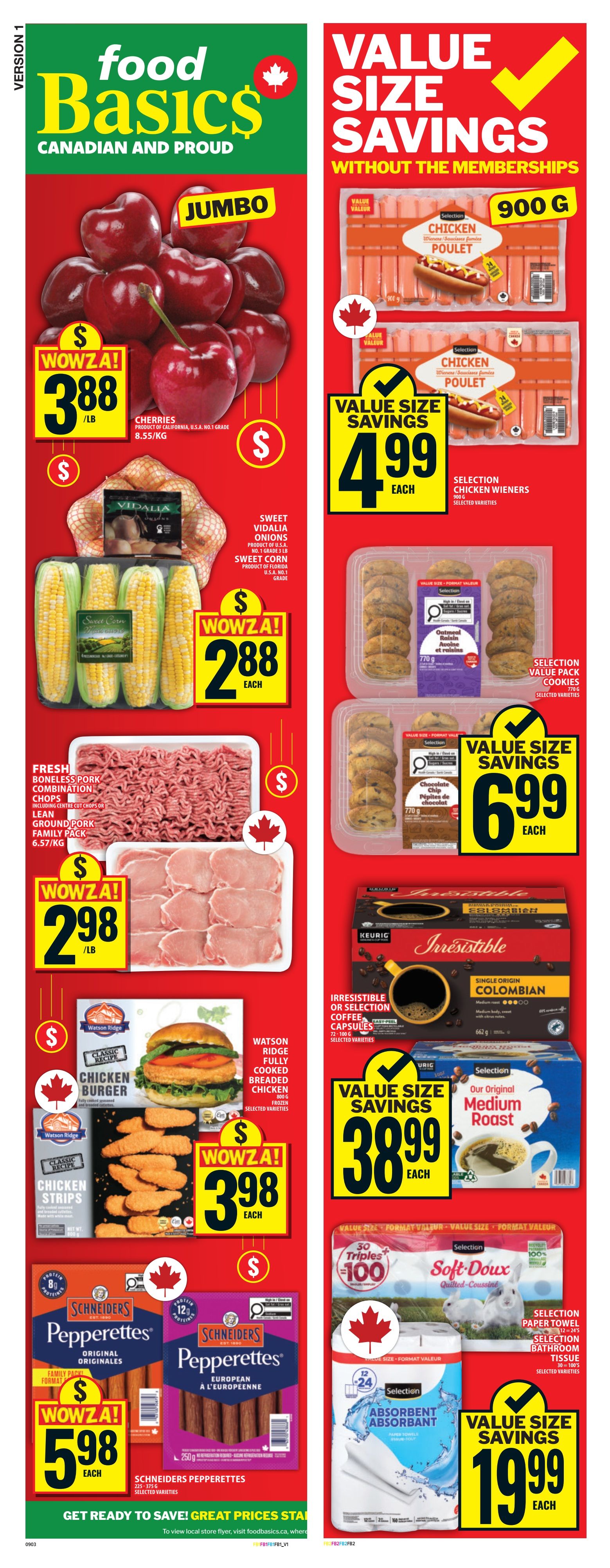 Food Basics weekly flyer specials page 2 features jumbo cherries for $3.88/lb, Vidalia onions and sweet corn for $2.88 each. Fresh boneless pork combination chops or lean ground pork family pack is $2.98/lb. Watson Ridge fully cooked breaded chicken burgers or chicken strips are $3.98 each. Schneiders Pepperettes original or European are $5.98 each. On the right side, value size savings include Selection chicken wieners for $4.99 each, Selection value pack cookies for $6.99 each, Irresistible or Selection single origin Colombian coffee capsules for $38.99, and Selection paper towel or bathroom tissue for $19.99.