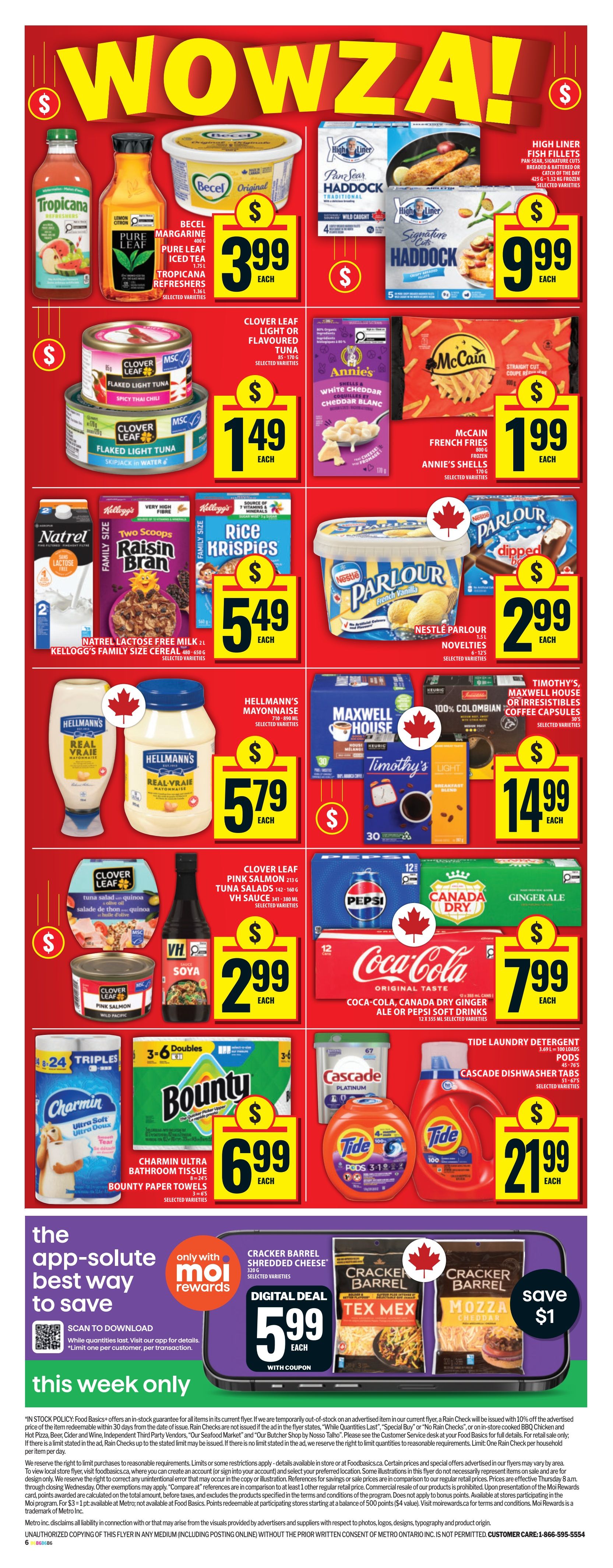Food Basics weekly flyer specials page 3 features a 'WOWZA!' theme with various deals. Highlights include Tropicana juice and Pure Leaf tea for $3.99 each. High Liner Pan Sear Haddock fillets are $9.99. Clover Leaf Light or Flavoured Flaked Light Tuna is $1.49, and Annie's White Cheddar Shells are also $1.49. McCain French Fries and Annie's Shells are $1.99. Natrel Lactose Free Milk and Kellogg's Family Size Cereals (Raisin Bran, Rice Krispies) are $5.49. Nestle Parlour Ice Cream novelties are $2.99. Hellmann's Mayonnaise is $5.79. Maxwell House or Timothy's Coffee capsules are $14.99. Clover Leaf Pink Salmon and VH Sauce are $2.99. Coca-Cola, Canada Dry Ginger Ale, or Pepsi soft drinks (12 x 355 ml) are $7.99. Charmin Ultra Soft Bathroom Tissue and Bounty Paper Towels are $6.99. Cascade Dishwasher Tabs and Tide Laundry Detergent are $21.99. A digital deal offers Cracker Barrel Shredded Cheese for $5.99 with coupon, saving $1.