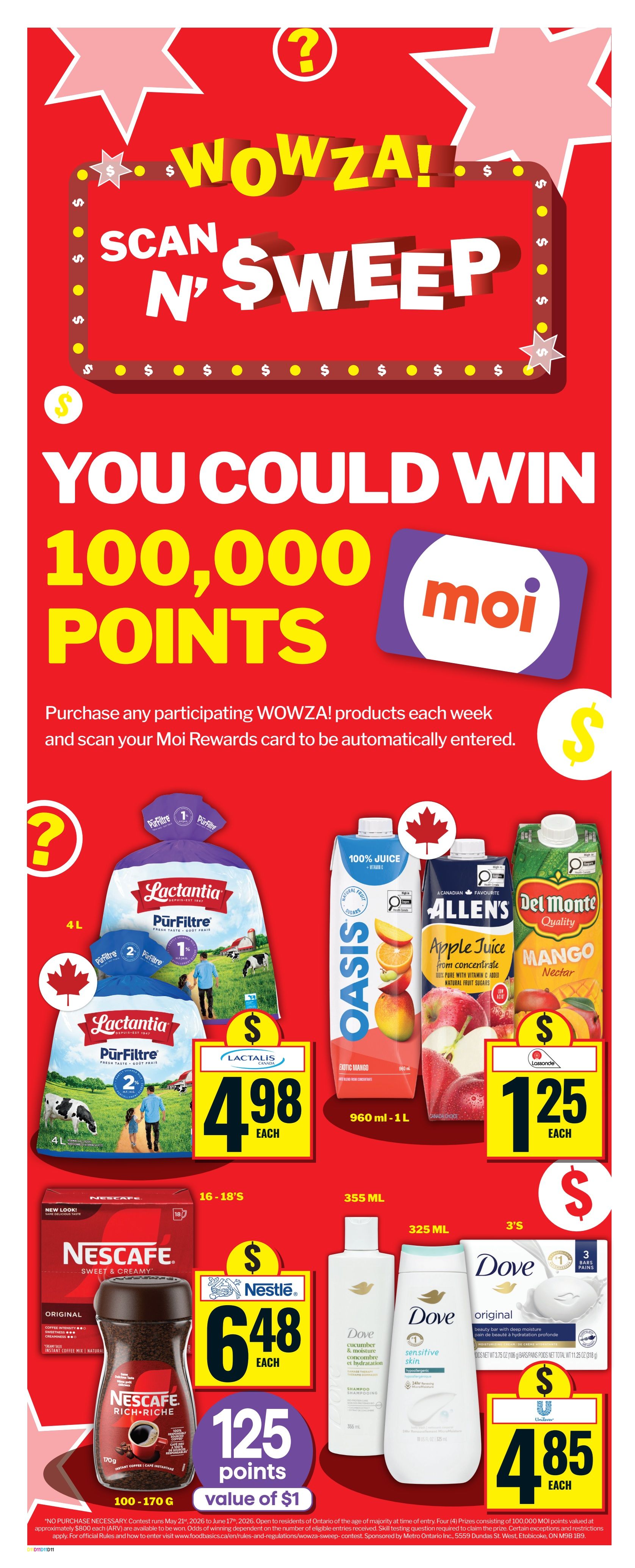 Food Basics weekly flyer specials page 4 features a 'Wowza! Scan N' Sweep' contest where you could win 100,000 Moi points. Featured products include Lactantia PürFiltre milk 4L bags for $4.98 each, Oasis Exotic Mango juice 960ml-1L and Allen's Apple Juice 1L for $1.25 each, and Del Monte Mango Nectar 1L for $1.25 each. Also on sale is Nescafé Sweet & Creamy or Rich & Creamy instant coffee 100-170g for $6.48 each, with 125 Moi points (value of $1) awarded. Dove Cucumber & Moisture shampoo and Dove Sensitive Skin body wash 355ml are available. Dove Original beauty bar soap 3 bars for $4.85 each.