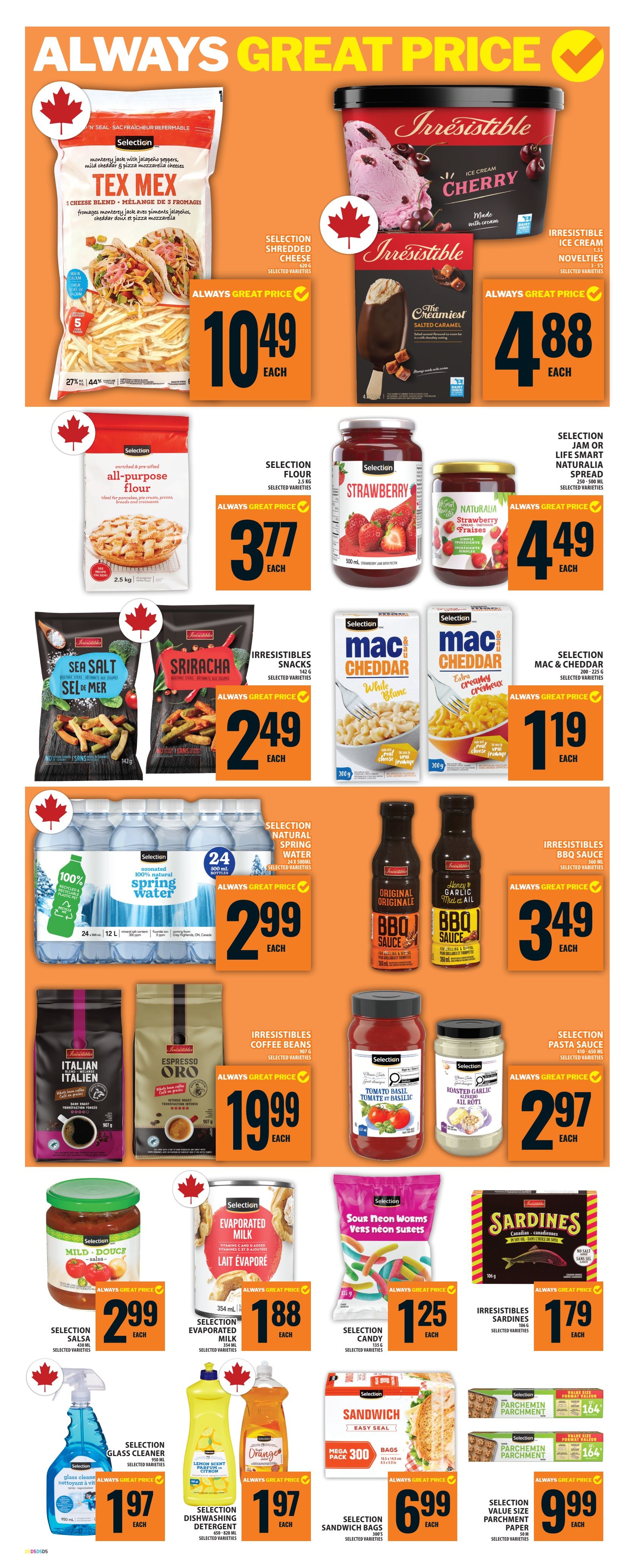 Food Basics weekly flyer specials page 12 features a variety of products on sale. Top row includes Selection Tex Mex shredded cheese for $10.49, Irresistibles Cherry ice cream for $4.88, and Irresistibles Salted Caramel ice cream novelties for $4.88. Middle row showcases Selection all-purpose flour for $3.77, Selection Strawberry jam for $4.49, and Naturalia Strawberry spread for $4.49. Further down, find Irresistibles Sea Salt and Sriracha snacks for $2.49 each, Selection Mac & Cheddar pasta for $1.19, and Selection Mac & Cheddar Extra Creamy pasta for $1.19. The next section highlights Selection natural spring water (24 x 500 mL) for $2.99 and Irresistibles BBQ sauce for $3.49. Also featured are Irresistibles Italian coffee beans for $19.99, Espresso Oro coffee beans for $19.99, Selection Tomato Basil pasta sauce for $2.97, and Selection Roasted Garlic pasta sauce for $2.97. The bottom row displays Selection mild salsa for $2.99, Selection evaporated milk for $1.88, Selection Sour Neon Worms candy for $1.25, and Irresistibles sardines for $1.79. Additionally, Selection glass cleaner is $1.97, Selection dishwashing detergent is $1.97, Selection sandwich bags (300 bags) are $6.99, and Selection value size parchment paper is $9.99.