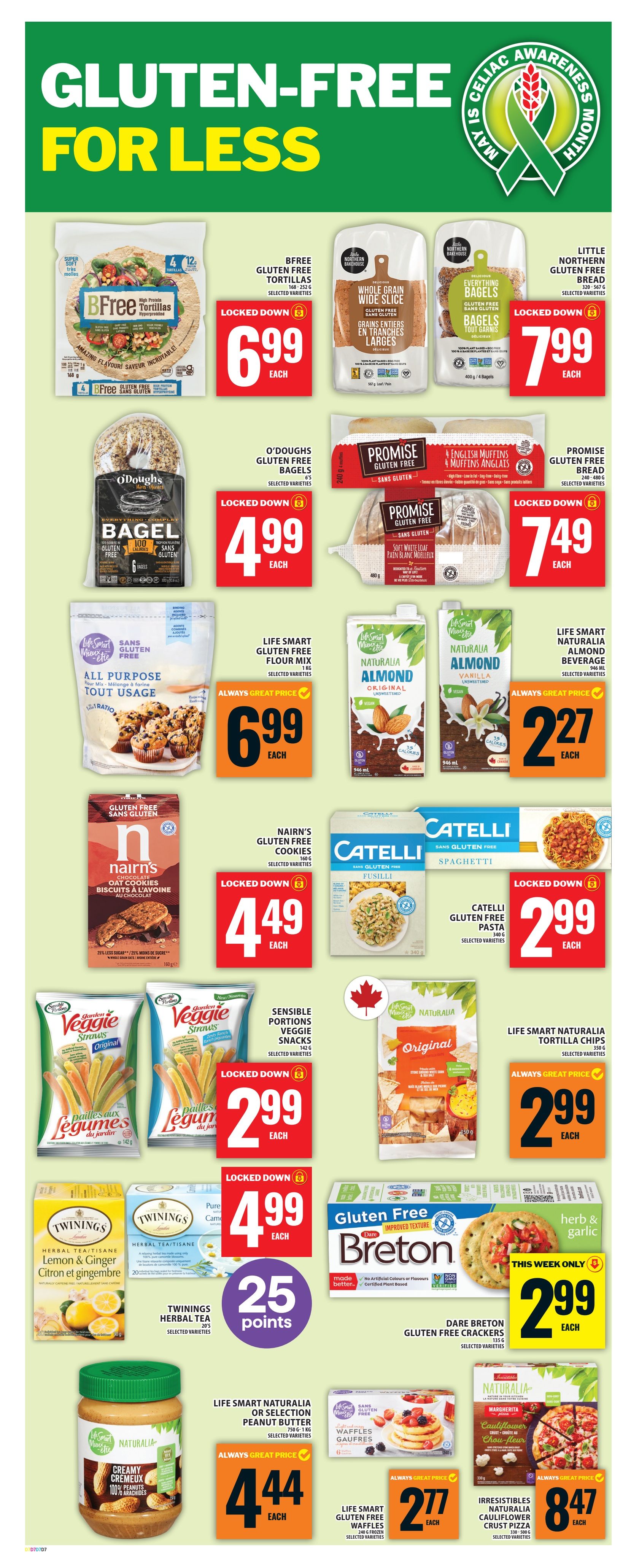 Food Basics weekly flyer specials page 14, featuring a 'Gluten-Free For Less' theme. On sale are BFree Gluten Free Tortillas for $6.99 each, Northern Bakehouse Whole Grain Wide Slice Bread for $6.99 each, and Little Northern Bakehouse Gluten Free Bread for $7.99 each. Also featured are O'Doughs Gluten Free Bagels for $4.99 each, Promise Gluten Free English Muffins for $4.99 each, and Promise Gluten Free Soft White Loaf Bread for $7.49 each. Life Smart Gluten Free All Purpose Flour Mix is $6.99 each. Life Smart Naturalia Almond Original Unsweetened beverage is $2.27 each, and the Vanilla flavour is also $2.27 each. Nairn's Gluten Free Chocolate Oat Cookies are $4.49 each. Catelli Gluten Free Fusilli pasta is $2.99 each, and Catelli Gluten Free Spaghetti is also $2.99 each. Sensible Portions Veggie Straws are $2.99 each. Twinings Herbal Tea in Lemon & Ginger and other selected varieties are $4.99 each, with a bonus of 25 points. Dare Breton Gluten Free Crackers are $2.99 each this week only. Life Smart Naturalia Peanut Butter (750g or 1kg) is $4.44 each. Life Smart Gluten Free Waffles are $2.77 each. Irresistibles Naturalia Cauliflower Crust Pizza is $8.47 each.
