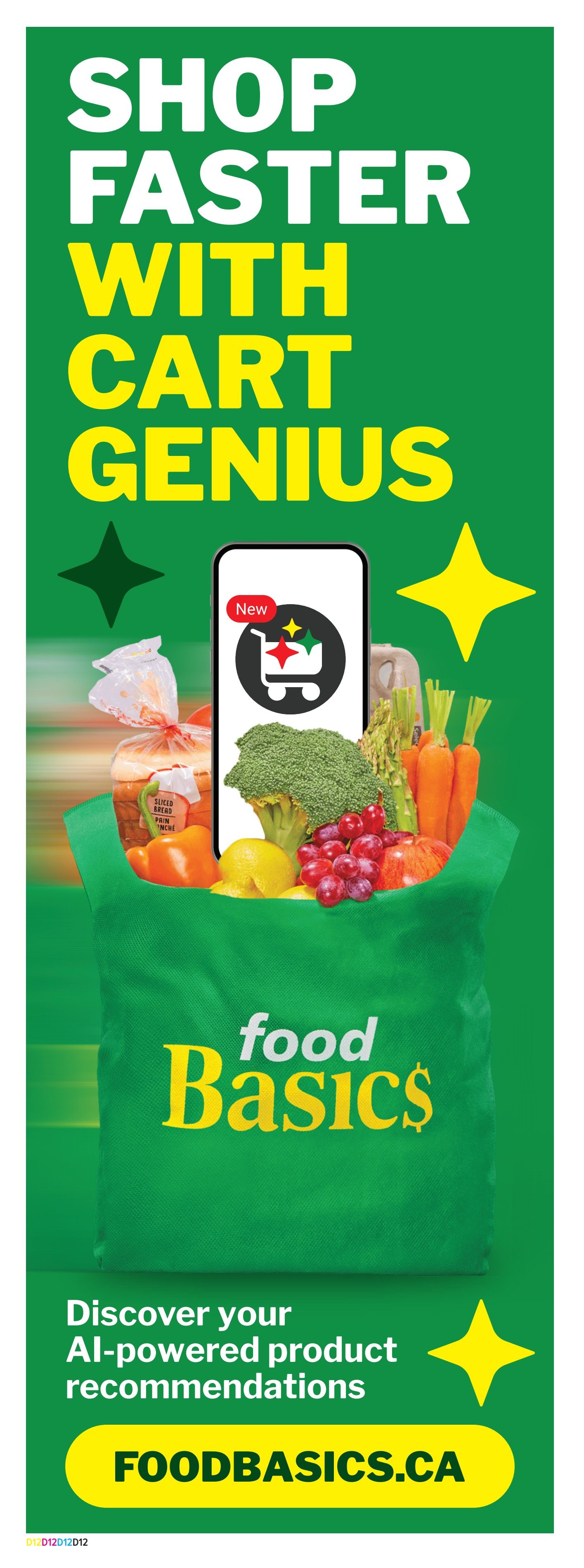 Food Basics flyer page 17 featuring 'Shop Faster With Cart Genius'. The page highlights a green grocery bag filled with fresh produce including broccoli, carrots, grapes, oranges, and lemons. A smartphone displaying a shopping cart icon is shown above the produce. Text reads 'Discover your AI-powered product recommendations' and 'FOODBASICS.CA'.