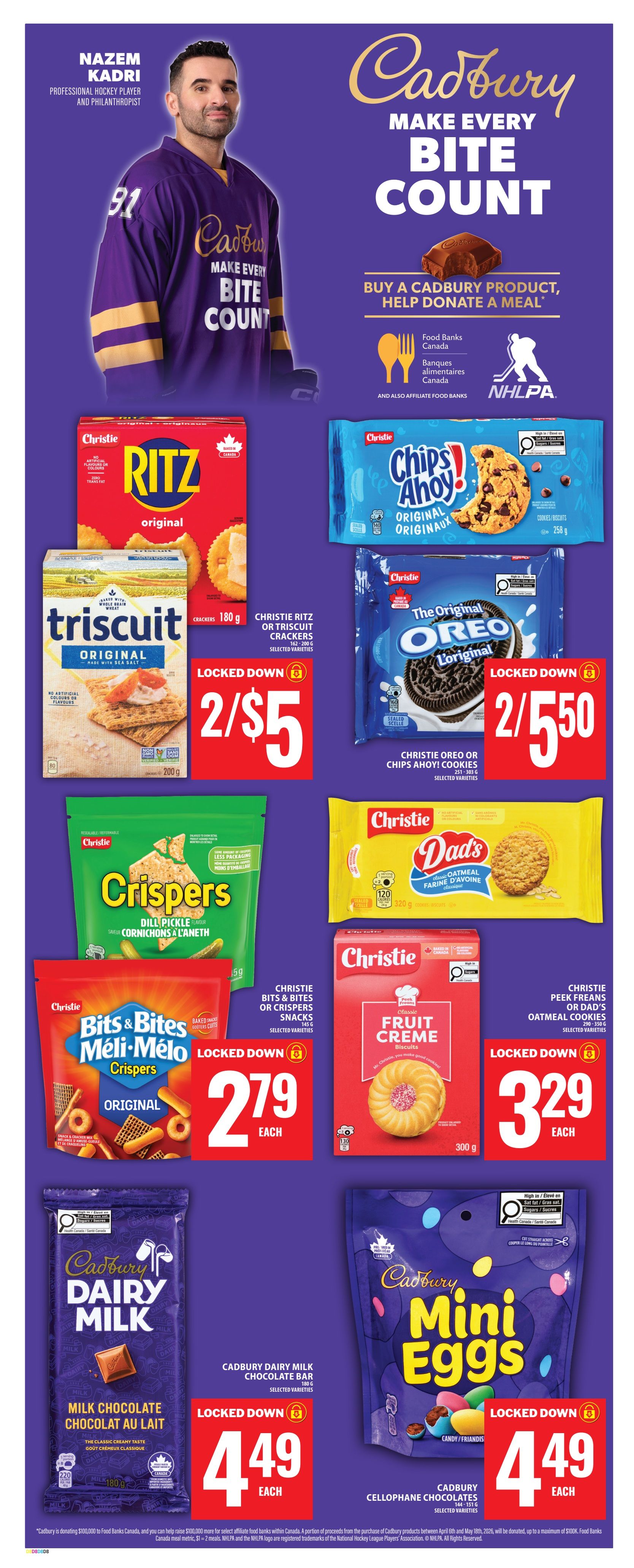 Food Basics flyer page featuring Cadbury products and other snacks. The page highlights a promotion with hockey player Nazem Kadri, stating 'Make Every Bite Count' and 'Buy a Cadbury product, help donate a meal'. Featured products include Christie Ritz or Triscuit Crackers for 2 for $5, Christie Oreo or Chips Ahoy! Cookies for 2 for $5.50, Christie Bits & Bites or Crispers Snacks for $2.79 each, Christie Peek Freans or Dad's Oatmeal Cookies for $3.29 each, Cadbury Dairy Milk Chocolate Bar for $4.49 each, and Cadbury Mini Eggs Cellophane Chocolates for $4.49 each.
