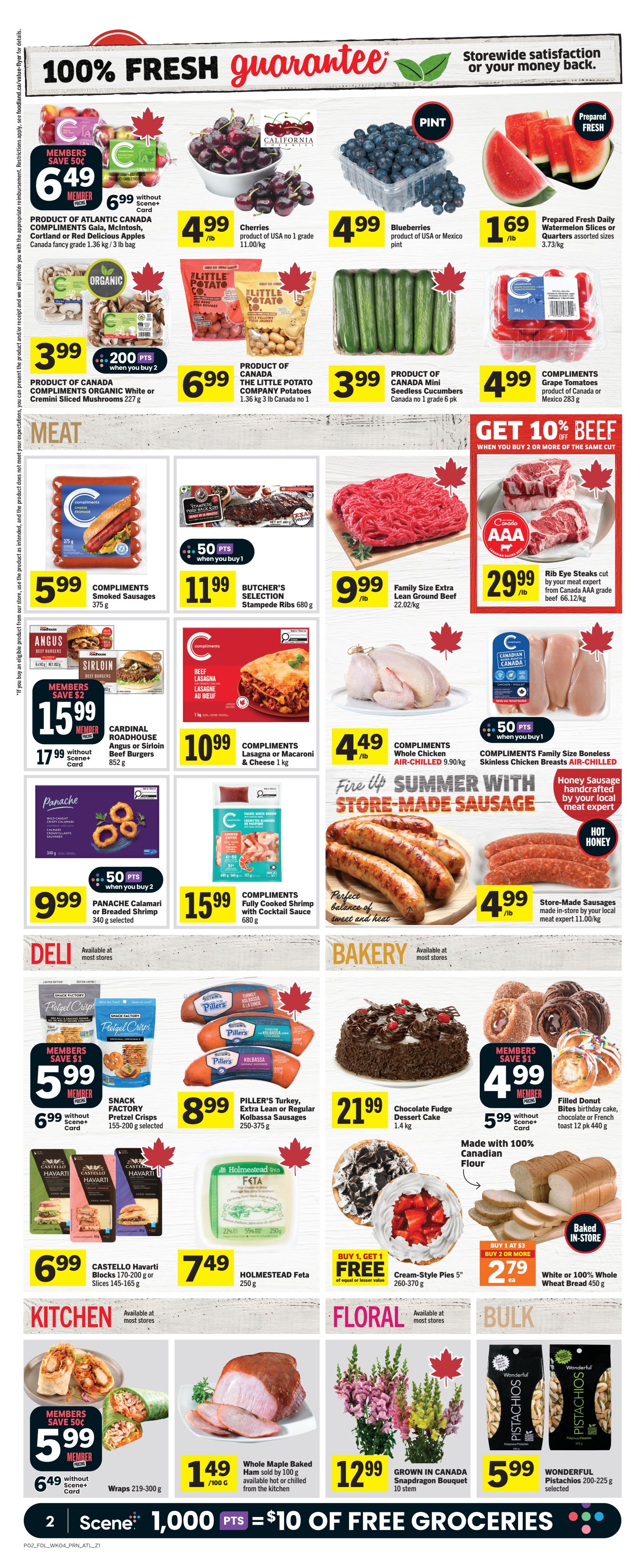 Foodland weekly flyer specials page 3 features a wide variety of products. In the produce section, find Atlantic McIntosh, Cortland or Red Delicious Apples for $6.49 (members) or $6.99 without Scene+ card, Cherries for $4.99/lb, Blueberries for $4.99/pint, and Prepared Fresh Daily Watermelon Slices or Quarters for $1.69/lb. Also available are organic white or cremini sliced mushrooms for $3.99 and The Little Potato Company potatoes for $6.99. In the meat section, enjoy Compliments Smoked Sausages for $5.99, Butcher's Selection Stampede Ribs for $11.99, Family Size Extra Lean Ground Beef for $9.99/lb, and Rib Eye Steaks cut by your meat expert from Canada AAA grade beef for $29.99/lb. Compliments Lasagna or Macaroni & Cheese is $10.99, and Compliments Family Size Boneless Skinless Chicken Breasts are $9.99/lb. For deli items, get Panache Calamari or Breaded Shrimp for $9.99 and Piller's Turkey, Extra Lean or Regular Kolbassa Sausages for $8.99. Snack Factory Pretzel Crisps are $5.99 for members or $6.99 without Scene+ card. The bakery offers a Chocolate Fudge Dessert Cake for $21.99 and Filled Donut Bites for $4.99 (members) or $5.99 without Scene+ card. In the kitchen section, Whole Maple Baked Ham is $1.49/100g. For cheese lovers, Castello Havarti Blocks are $6.99 and Holmestead Feta is $7.49. The floral section features Grown in Canada Snapdragon Bouquets for $12.99. In the bulk section, Wonderful Pistachios are $5.99. Additionally, there's a 'Fire up Summer with Store-Made Sausage' promotion with sausages for $4.99/lb and a 'Get 10% Beef' offer when you buy 2 or more of the same cut. Cream-Style Pies are buy 1 get 1 free, and White or 100% Whole Wheat Bread is $2.79 each when you buy 2 or more.