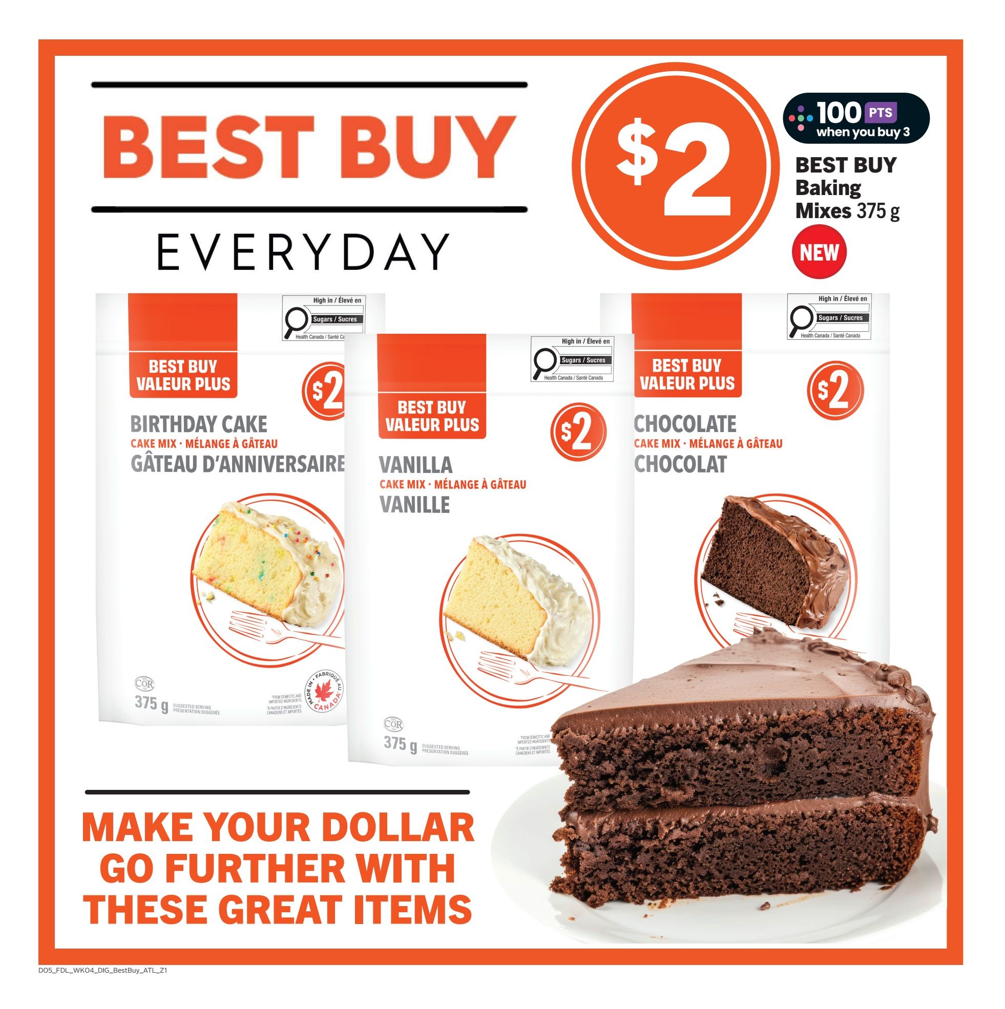 Foodland weekly flyer specials page 8 features Best Buy Everyday cake mixes. Get Birthday Cake, Vanilla, and Chocolate cake mixes, each 375g, for $2 each. When you buy 3, you get 100 points. The page also highlights 'Make Your Dollar Go Further With These Great Items.