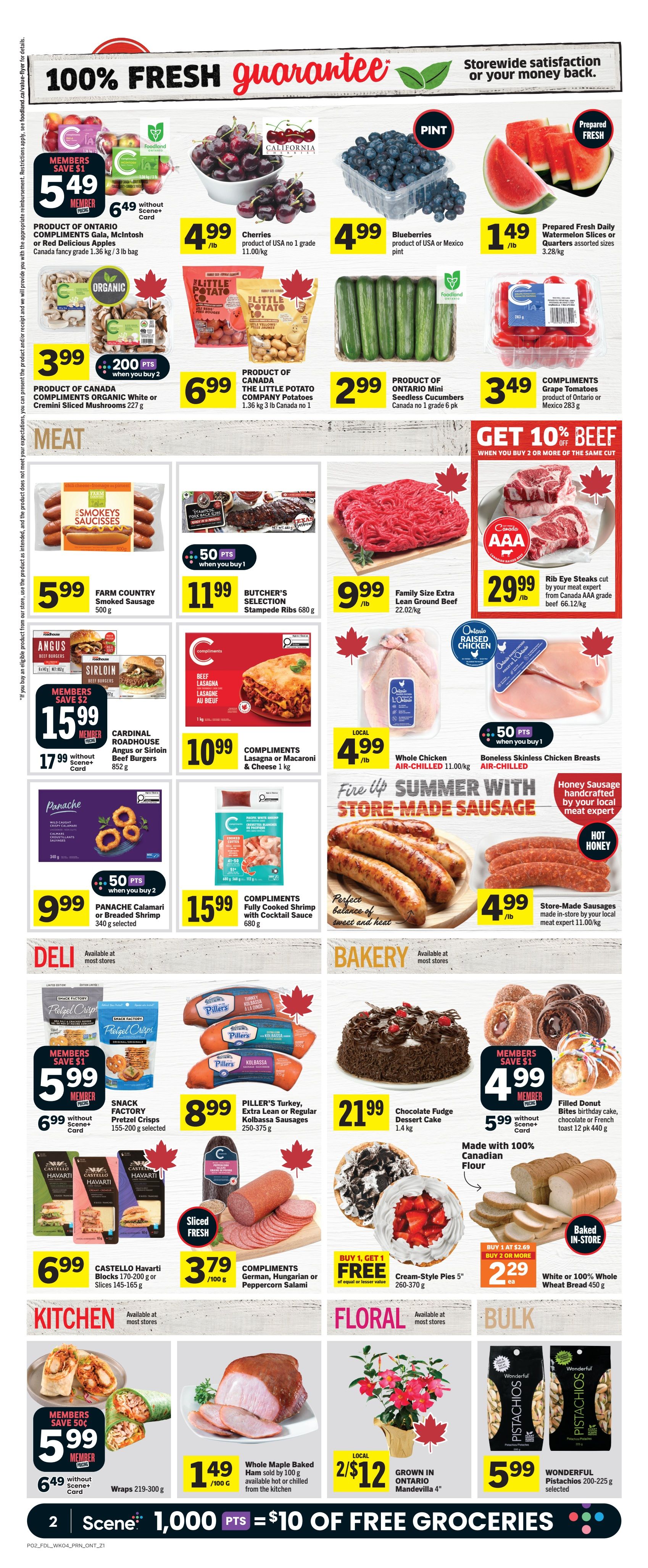 Foodland Ontario weekly flyer specials page 3 featuring a 100% Fresh Guarantee. Top section includes COMPLIMENTS Gala, McIntosh or Red Delicious Apples for $5.49 member price, Cherries for $4.99/lb, Blueberries for $4.99/pint, and Prepared Fresh Daily Watermelon Slices or Quarters for $1.49/lb. Also featured are COMPLIMENTS Organic White or Cremini Sliced Mushrooms for $3.99, THE LITTLE POTATO COMPANY Potatoes for $6.99, and PRODUCT OF ONTARIO Mini Seedless Cucumbers for $2.99. The Meat section highlights FARM COUNTRY Smoked Sausage for $5.99, BUTCHER'S SELECTION Stampede Ribs for $11.99 with 50 Scene+ points when you buy 1, Family Size Extra Lean Ground Beef for $9.99/lb, and Rib Eye Steaks cut by your meat expert from Canada AAA grade beef for $29.99/lb. Other meat offers include CARDINAL ROADHOUSE Angus or Sirloin Beef Burgers for $15.99 member price ($17.99 without Scene+ Card), COMPLIMENTS Lasagna or Macaroni & Cheese for $10.99, Whole Chicken AIR-CHILLED for $4.99/lb, and Boneless Skinless Chicken Breasts for $15.99 with 50 Scene+ points when you buy 1. Deli items include PANACHE Calamari or Breaded Shrimp for $9.99 with 50 Scene+ points when you buy 2, and PILLER'S Turkey, Extra Lean or Regular Kolbassa Sausages for $8.99. Bakery items feature Chocolate Fudge Dessert Cake for $21.99, and Filled Donut Bites birthday cake, chocolate or French toast for $4.99 member price ($5.99 without Scene+ Card). Kitchen offers include CASTELLO Havarti Blocks for $6.99, COMPLIMENTS German, Hungarian or Peppercorn Salami for $3.79/100g, Cream-Style Pies 5' for Buy 1 Get 1 Free, and White or 100% Whole Wheat Bread for $2.29 each when you buy 2 or more. Also in Kitchen, Wraps for $5.99 member price ($6.49 without Scene+ Card), and Whole Maple Baked Ham for $1.49/100g. Floral features Ontario Grown Mandevilla for 2/$12. Bulk offers Wonderful Pistachios selected for $5.99. The bottom banner advertises 1,000 Scene+ Points equals $10 of free groceries.