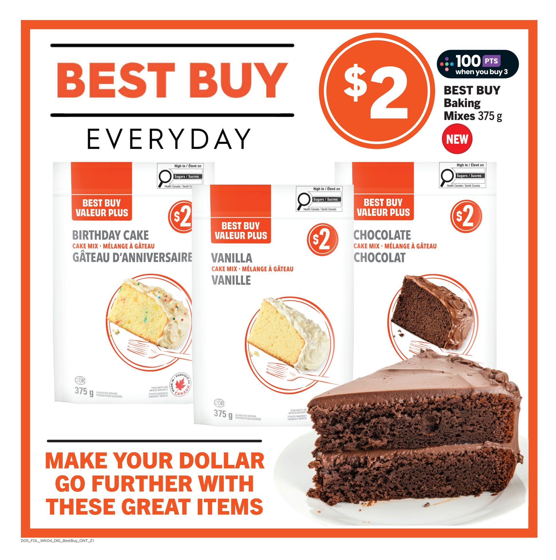 Best Buy Everyday promotion featuring Best Buy Baking Mixes in 375g packages. Available flavours include Birthday Cake, Vanilla, and Chocolate, each priced at $2. When you buy 3, you get 100 bonus points. The page also highlights a 'Make Your Dollar Go Further With These Great Items' message.