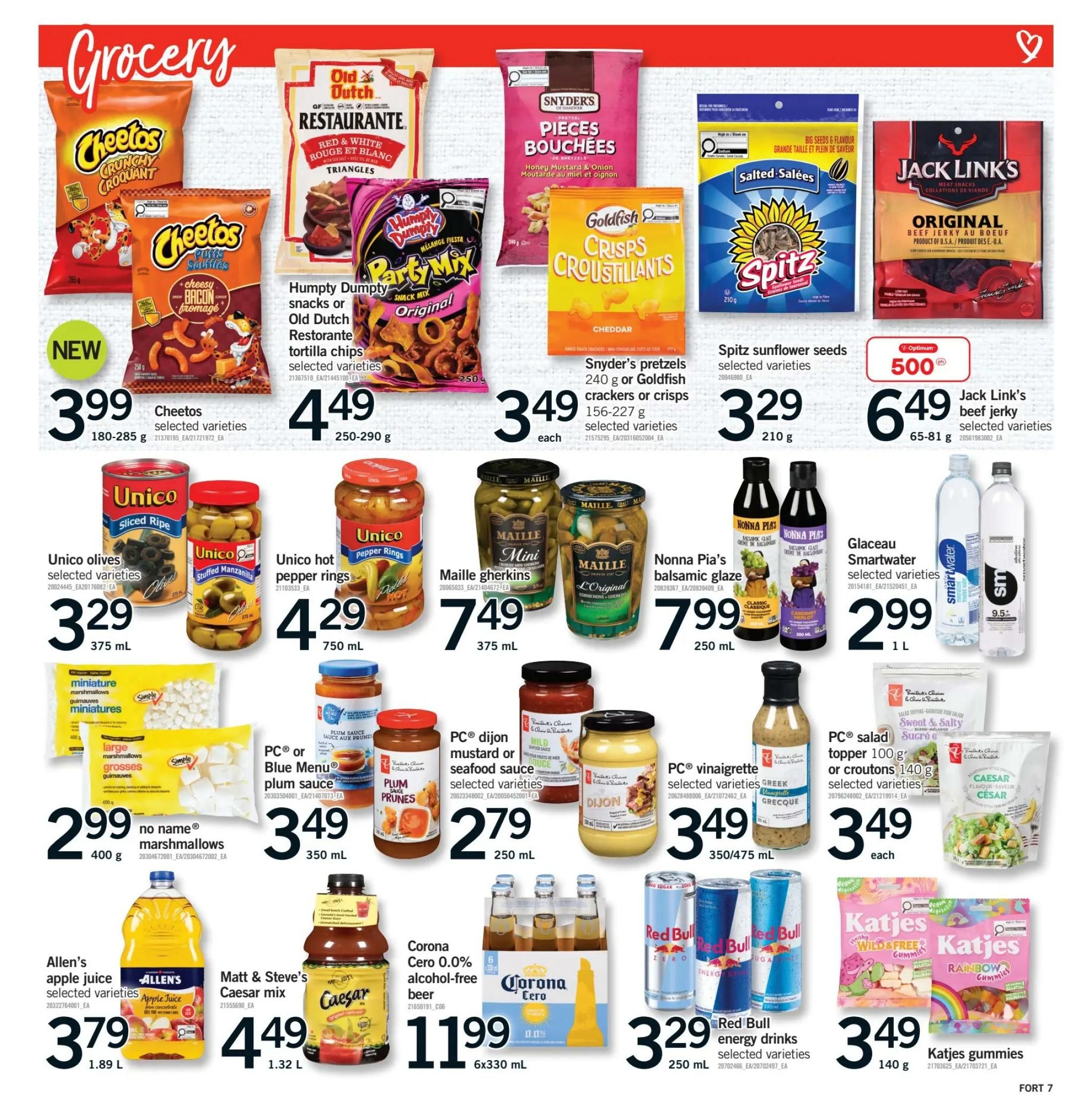 Fortinos grocery flyer page 8 featuring a variety of snacks and condiments. Deals include Cheetos selected varieties for $3.99, Humpty Dumpty snacks or Old Dutch Restaurante tortilla chips for $4.49, Snyder's pretzels or Goldfish crackers and crisps for $3.49, and Spitz sunflower seeds for $3.29. Also featured are Unico olives for $3.29, Unico hot pepper rings for $4.29, Maille gherkins for $7.49, and Nonna Pia's balsamic glaze for $7.99. Jack Link's beef jerky is on sale for $6.49. Glaceau Smartwater is $2.99 per litre. PC or Blue Menu plum sauce is $3.49. No name marshmallows are $2.99 for 400g. PC dijon mustard or seafood sauce is $2.79. PC vinaigrette is $3.49. PC salad topper or croutons are $3.49 each. Allen's apple juice is $3.79 for 1.89 L. Matt & Steve's Caesar mix is $4.49 for 1.32 L. Corona Cero 0.0% alcohol-free beer is $11.99 for a 6-pack. Red Bull energy drinks are $3.29 for 250 mL. Katjes gummies are $3.49 for 140g.