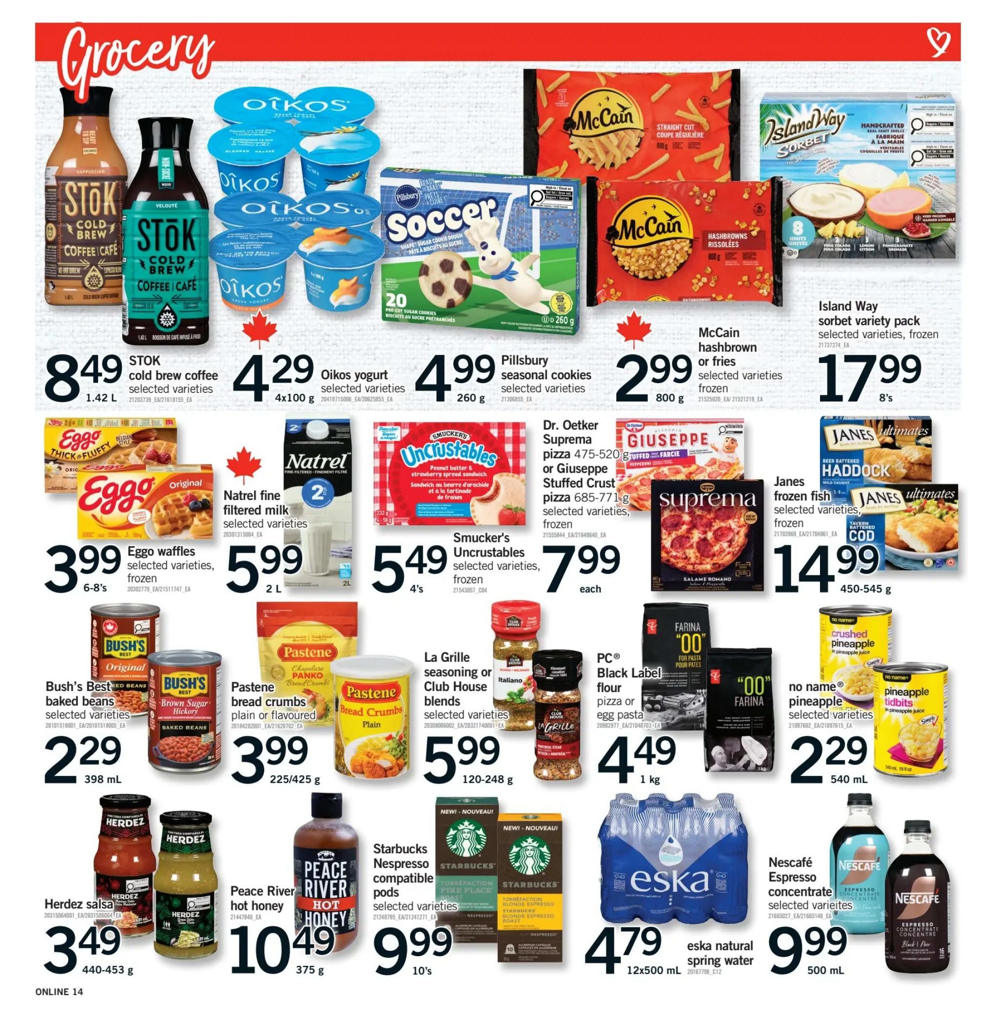 Fortinos grocery flyer page 14 featuring STOK cold brew coffee for $8.49, Oikos yogurt for $4.29, Pillsbury seasonal cookies for $4.99, and McCain hashbrown or fries for $2.99. Also featured are Island Way sorbet variety pack for $17.99, Eggo waffles for $3.99, Natrel fine filtered milk for $5.99, Smucker's Uncrustables for $5.49, Dr. Oetker Suprema or Giuseppe Stuffed Crust pizza for $7.99 each, and Janes frozen fish for $14.99. Additional items include Bush's Best baked beans for $2.29, Pastene bread crumbs for $3.99, La Grille seasoning or Club House blends for $5.99, PC Black Label flour pizza or egg pasta for $4.49, Herdez salsa for $3.49, Peace River hot honey for $10.49, Starbucks Nespresso compatible pods for $9.99, eska natural spring water for $4.79, and Nescafé espresso concentrate for $9.99.