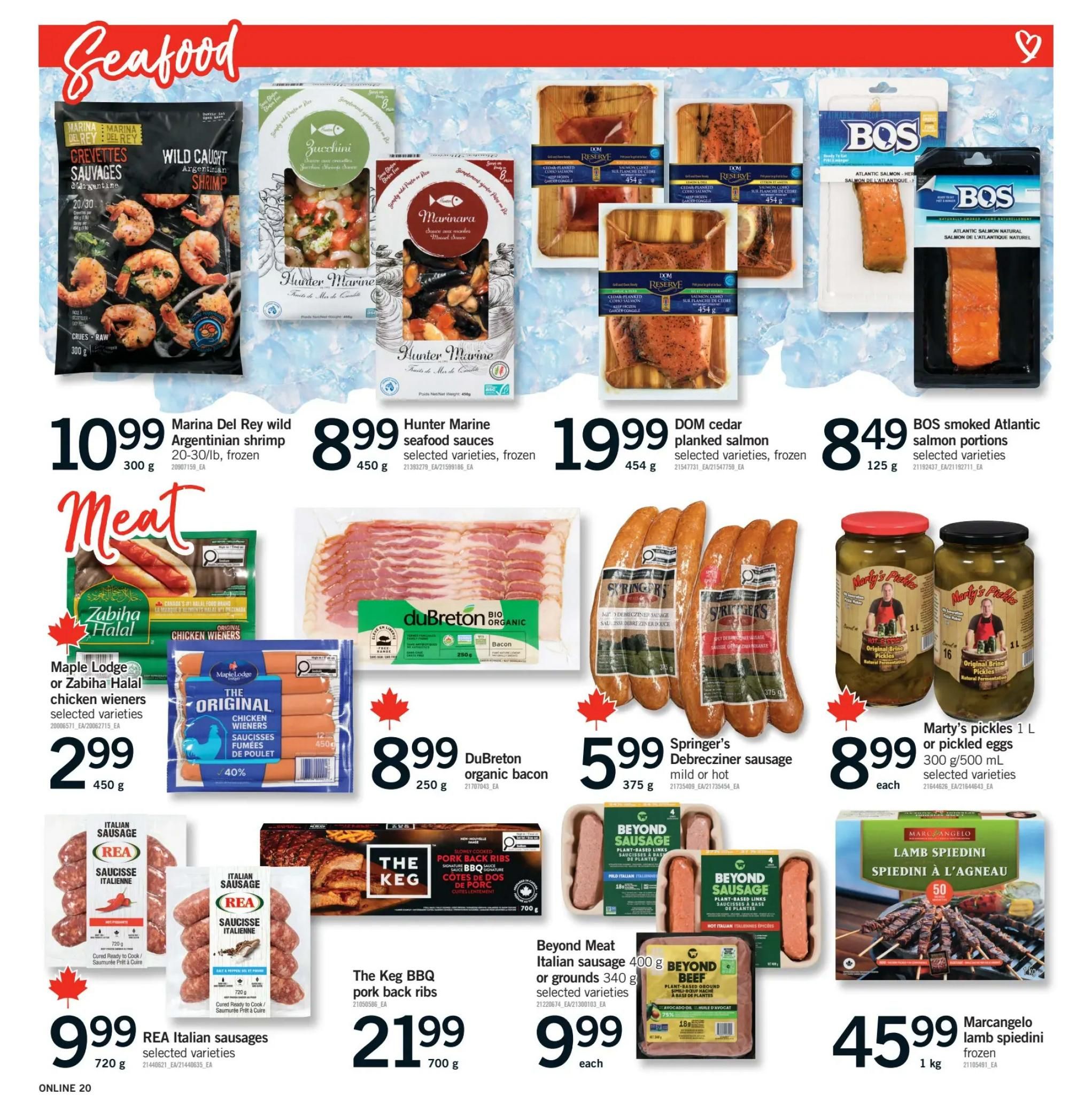 Fortinos weekly flyer specials page 19 features a seafood section with Marina Del Rey wild Argentinian shrimp for $10.99 per 300g, and Hunter Marine seafood sauces, frozen, for $8.99 per 450g. The meat section includes Maple Lodge or Zabiha Halal chicken wieners for $2.99 per 450g, DuBreton organic bacon for $8.99 per 250g, Springer's Debrecizner sausage (mild or hot) for $5.99 per 375g, REA Italian sausages for $9.99 per 720g, and The Keg BBQ pork back ribs for $21.99 per 700g. Also featured are DOM cedar planked salmon, frozen, for $19.99 per 454g, BOS smoked Atlantic salmon portions for $8.49 per 125g, Marty's pickles or pickled eggs for $8.99 per 1 L or 300g/500 mL, Beyond Meat Italian sausage or grounds for $9.99 each, and Marcangelo lamb spiedini, frozen, for $45.99 per 1 kg.