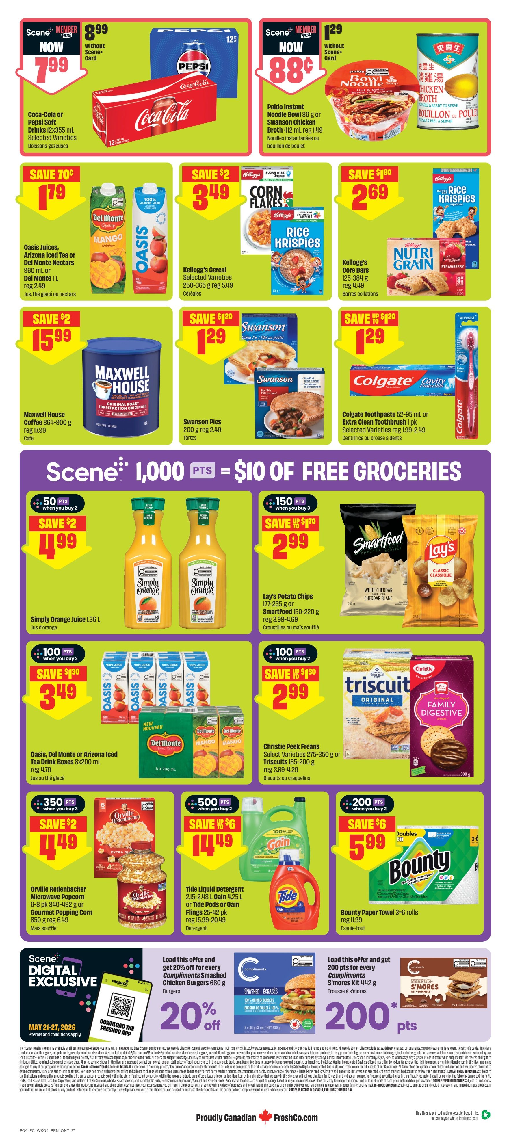 FreshCo Ontario flyer page 2 features a variety of deals. Save on Coca-Cola or Pepsi soft drinks, Paldo Instant Noodle Bowls or Swanson Chicken Broth, and Kellogg's Cereal including Corn Flakes and Rice Krispies. Maxwell House Coffee is on sale, as are Swanson Pies and Colgate Toothpaste and toothbrushes. Enjoy savings on Simply Orange Juice, Lay's Potato Chips, and Smartfood popcorn. Oasis, Del Monte, or Arizona Iced Tea is available, along with Christie Peek Freans biscuits. Tide Liquid Detergent and Gain Flings are featured, as is Bounty Paper Towels. Special Scene+ offers include 1,000 points for $10 of free groceries, 50 points when you buy 2 Simply Orange Juice for $4.99, and 150 points when you buy 3 Lay's Potato Chips or Smartfood for $2.99. Also, get 100 points when you buy 2 Oasis, Del Monte, or Arizona Iced Tea for $3.49, and 100 points when you buy 2 Christie Peek Freans biscuits for $2.99. Get 350 points when you buy 2 Orville Redenbacher Microwave Popcorn for $14.49, and 500 points when you buy 2 Tide Liquid Detergent or Gain Flings for $14.49. Finally, get 200 points when you buy 2 Bounty Paper Towels for $5.99. Digital exclusives include 20% off Compliments Smashed Chicken Burgers and 200 points for Compliments S'mores Kit.