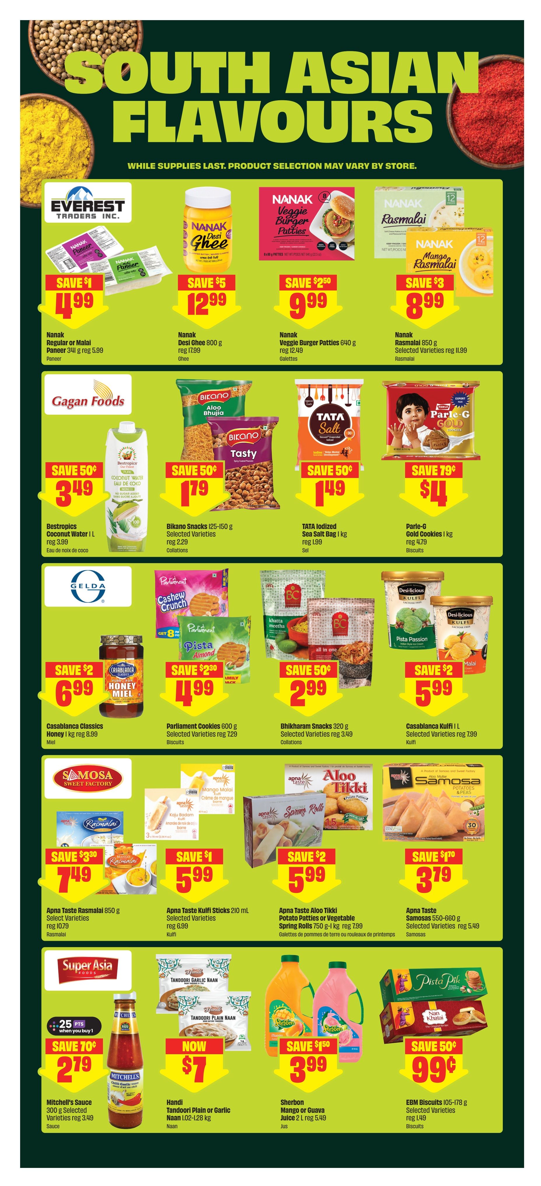 FreshCo weekly flyer specials page 12, featuring South Asian Flavours. Deals include Nanak Regular or Malai Paneer for $4.99, Nanak Desi Ghee 800g for $12.99, Nanak Veggie Burger Patties 640g for $9.99, and Nanak Rasmalai 850g for $8.99. Gagan Foods Coconut Water is $3.49. Bikano Snacks 125-150g are $1.79. TATA Iodized Sea Salt Bag 1kg is $1.49. Parle-G Gold Cookies 1kg are $4. Casablanca Classics Honey 1kg is $6.99. Parliament Cookies 600g are $4.99. Bhikharam Snacks 320g are $2.99. Casablanca Kulfi 1 L is $5.99. Apna Taste Rasmalai 850g is $7.49. Apna Taste Kulfi Sticks 210 mL are $5.99. Apna Taste Aloo Tikki Potato Patties or Vegetable Spring Rolls 750g-1kg are $5.99. Apna Taste Samosas 550-660g are $3.79. Mitchell's Sauce 300g is $2.79 when you buy 1, with 25 bonus points. Handi Tandoori Plain or Garlic Naan 102-128kg is now $7. Sherbon Mango or Guava Juice 2 L is $3.99. EBM Biscuits 105-178g are $0.99.