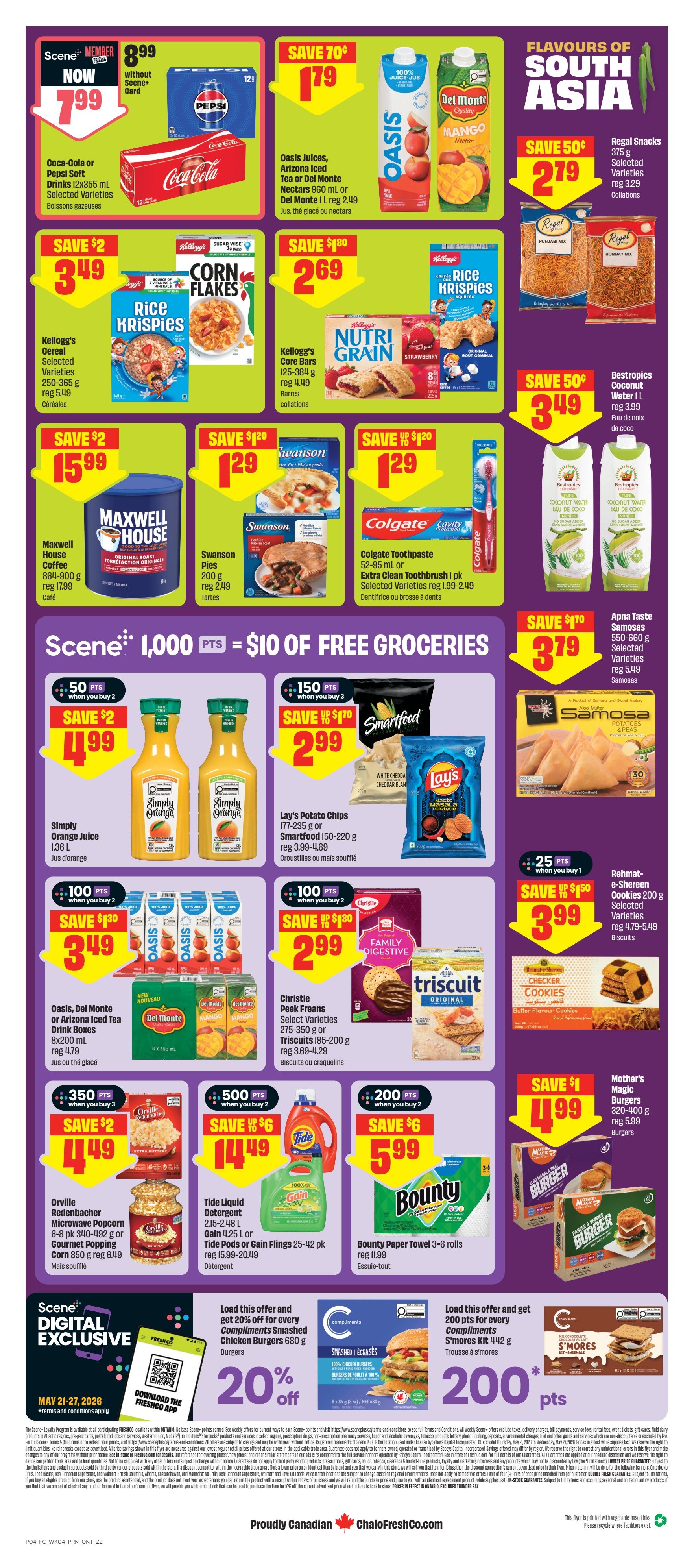 FreshCo Ontario flyer, page 2. Scene+ members save on Coca-Cola or Pepsi Soft Drinks, now $7.99 without Scene+ card, regularly $8.99. Oasis Juices, Arizona Iced Tea or Del Monte Nectars are $1.79. Regal Snacks are $2.79. Bestropics Coconut Water is $3.49. Kellogg's Cereal, selected varieties, 250-365g are $3.49. Kellogg's Nutri Grain Bars are $2.69. Swanson Pies are $1.29. Colgate Toothpaste or Extra Clean Toothbrush are $1.29. Maxwell House Coffee is $15.99. Apna Taste Samosas are $3.79. Simply Orange Juice is $4.99 when you buy 2. Lay's Potato Chips or Smartfood are $2.99 when you buy 3. Christie Peek Freans or Triscuit Crackers are $2.99 when you buy 2. Rehmat-e-Shereen Cookies are $3.99. Mother's Magic Burgers are $4.99. Orville Redenbacher Microwave Popcorn is $4.49 when you buy 2. Tide Liquid Detergent or Pods are $14.49 when you buy 2. Bounty Paper Towel is $5.99 when you buy 2. Scene+ digital exclusive: Get 20% off for every Compliments Smashed Chicken Burgers 680g purchased, or 200 bonus points for every Compliments S'mores Kit 442g purchased. Offer valid May 21-27, 2026. Scene+ points can be redeemed for free groceries.