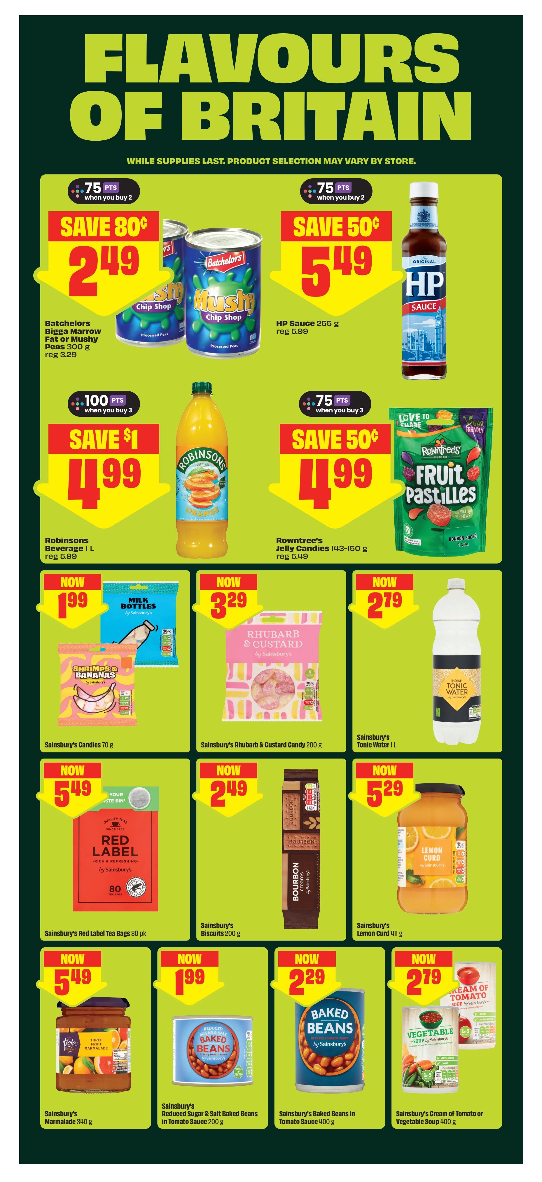 FreshCo weekly flyer specials page 10, featuring 'Flavours of Britain' products. Save 80¢ when you buy 2 Batchelors Bigga Marrow Fat or Mushy Peas 300 g for $2.49 (reg $3.29). Save 50¢ on HP Sauce 255 g for $5.49 (reg $5.99). Save $1 when you buy 3 Robinsons Beverage 1 L for $4.99 (reg $5.99). Save 50¢ when you buy 3 Rowntree's Jelly Candies 143-150 g for $4.99 (reg $5.49). Sainsbury's Candies 70 g are $1.99. Sainsbury's Rhubarb & Custard Candy 200 g is $3.29. Sainsbury's Tonic Water 1 L is $2.79. Sainsbury's Red Label Tea Bags 80 pk is $5.49. Sainsbury's Biscuits 200 g is $2.49. Sainsbury's Lemon Curd 411 g is $5.29. Sainsbury's Marmalade 340 g is $5.49. Sainsbury's Reduced Sugar & Salt Baked Beans in Tomato Sauce 200 g is $1.99. Sainsbury's Baked Beans in Tomato Sauce 400 g is $2.29. Sainsbury's Cream of Tomato or Vegetable Soup 400 g is $2.79.