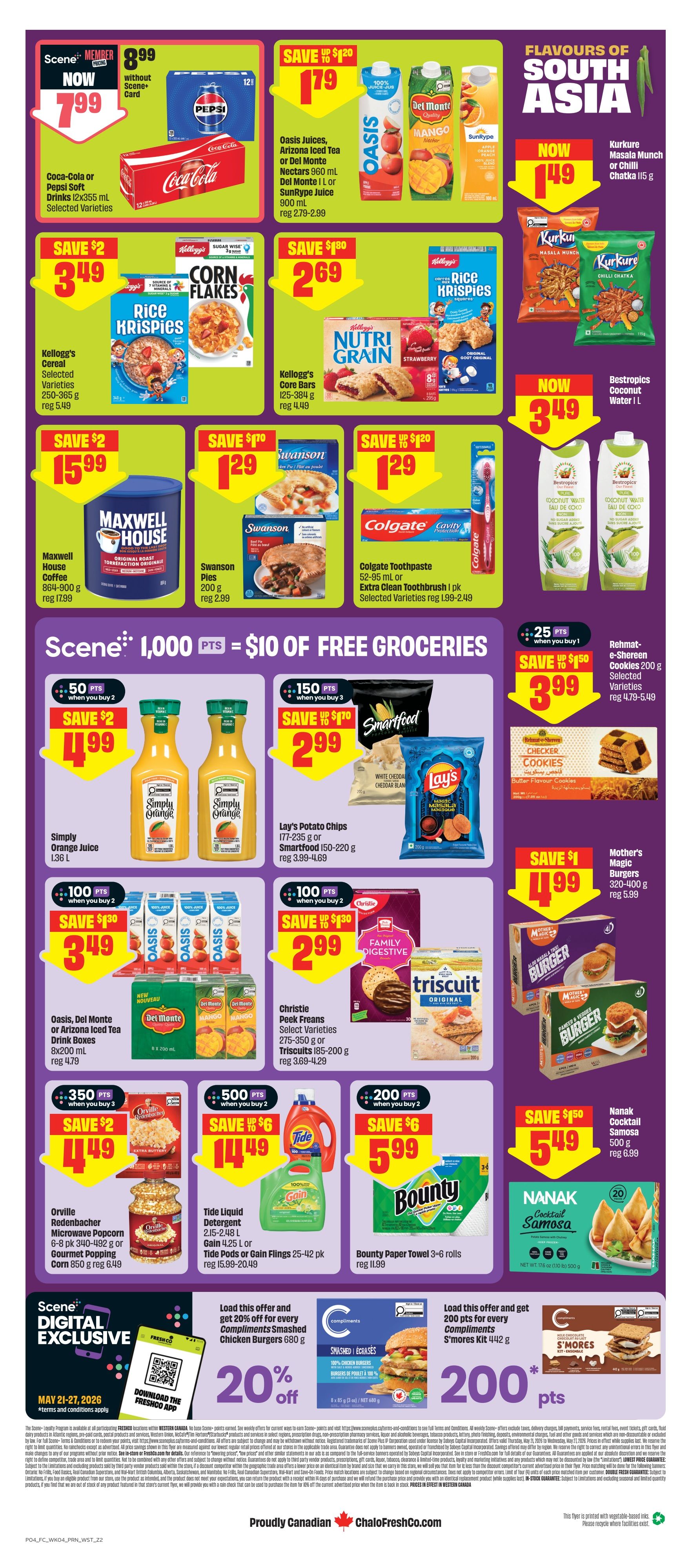 FreshCo flyer page 2 features a variety of deals. Get Coca-Cola or Pepsi Soft Drinks 12x355 mL for $7.99. Oasis Juices, Arizona Iced Tea or Del Monte Nectars 900 mL are on sale for $1.79. Kurkure Masala Munch or Chilli Chatka 115 g is $1.49. Kellogg's Cereal selected varieties 250-365 g are $3.49, and Nutri Grain Core Bars 125-384 g are $2.69. Maxwell House Coffee 864-900 g is $15.99. Swanson Pies 200 g are $1.29, and Colgate Toothpaste 52-95 mL or Extra Clean Toothbrush 1 pk are $1.29. Bestropics Coconut Water 1 L is $3.49. Scene members earn 1,000 points for $10 of free groceries. Simply Orange Juice 1.36 L is $4.99 when you buy 2. Lay's Potato Chips 177-235 g or Smartfood 150-220 g are $2.99 when you buy 3. Rehmat-e-Shereen Cookies 200 g are $3.99 when you buy 1. Oasis, Del Monte or Arizona Iced Tea Drink Boxes 8x200 mL are $3.49 when you buy 2. Christie Peek Freans Select Varieties 275-350 g or Triscuits 185-200 g are $2.99 when you buy 2. Mother's Magic Burgers 320-400 g are $4.99. Orville Redenbacher Microwave Popcorn 6-8 pk or Gourmet Popping Corn 850 g are $4.49 when you buy 2. Tide Liquid Detergent 2.15-4.25 L or Tide Pods or Gain Flings 25-42 pk are $14.49 when you buy 2. Bounty Paper Towel 3-6 rolls are $5.99 when you buy 2. Nanak Cocktail Samosa 500 g is $5.49. Load the digital exclusive offer and get 20% off for every Compliments Smashed Chicken Burgers 680 g. Load another offer and get 200 points for every Compliments S'mores Kit 442 g.