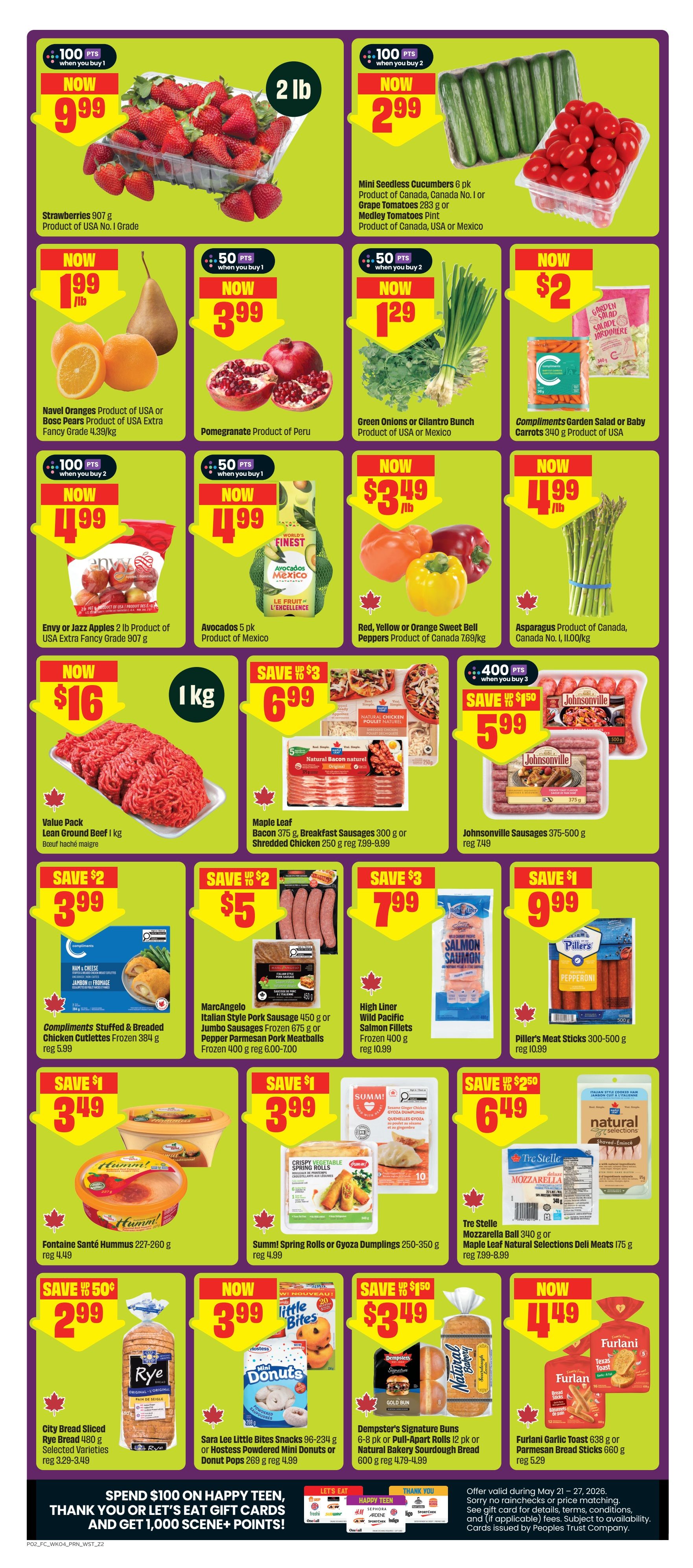FreshCo flyer page 3 features a variety of fresh produce and grocery items. Top row includes Strawberries 907 g for $9.99, Mini Seedless Cucumbers 6 pk or Grape Tomatoes 283 g for $2.99, and Compliments Garden Salad or Baby Carrots 340 g for $2.00. Middle row offers Navel Oranges or Bosc Pears for $1.99/lb, Pomegranates for $3.99, Green Onions or Cilantro Bunch for $1.29, Envy or Jazz Apples 2 lb for $4.99, Avocados 5 pk for $4.99, Red, Yellow or Orange Sweet Bell Peppers for $3.49/lb, and Asparagus for $4.99/lb. The bottom section showcases Value Pack Lean Ground Beef 1 kg for $16, Maple Leaf Bacon 375 g or Breakfast Sausages 300 g or Shredded Chicken 250 g for $6.99, and Johnsonville Sausages 375-500 g for $5.99. Further down, Compliments Stuffed & Breaded Chicken Cutellettes Frozen 384 g are $3.99, MarcAngelo Italian Style Pork Sausage 450 g or Jumbo Sausages 675 g or Pepper Parmesan Pork Meatballs Frozen 400 g are $5.00, High Liner Wild Pacific Salmon Fillets Frozen 400 g are $7.99, and Piller's Meat Sticks 300-500 g are $9.99. Also featured are Fontaine Santé Hummus 227-260 g for $3.49, Summ! Spring Rolls or Gyoza Dumplings 250-350 g for $3.99, Tre Stelle Mozzarella Ball 340 g or Maple Leaf Natural Selections Deli Meats 175 g for $6.49. Finally, City Bread Sliced Rye Bread 480 g is $2.99, Sara Lee Little Bites Snacks 96-234 g or Hostess Powdered Mini Donuts or Donut Pops 269 g are $3.99, Dempster's Signature Buns 6-8 pk or Pull-Apart Rolls 12 pk or Natural Bakery Sourdough Bread 600 g are $3.49, and Furlani Garlic Toast 638 g or Parmesan Bread Sticks 660 g are $4.49. The page also promotes spending $100 on Happy Teen, Thank You or Let's Eat gift cards to get 1,000 Scene+ points.