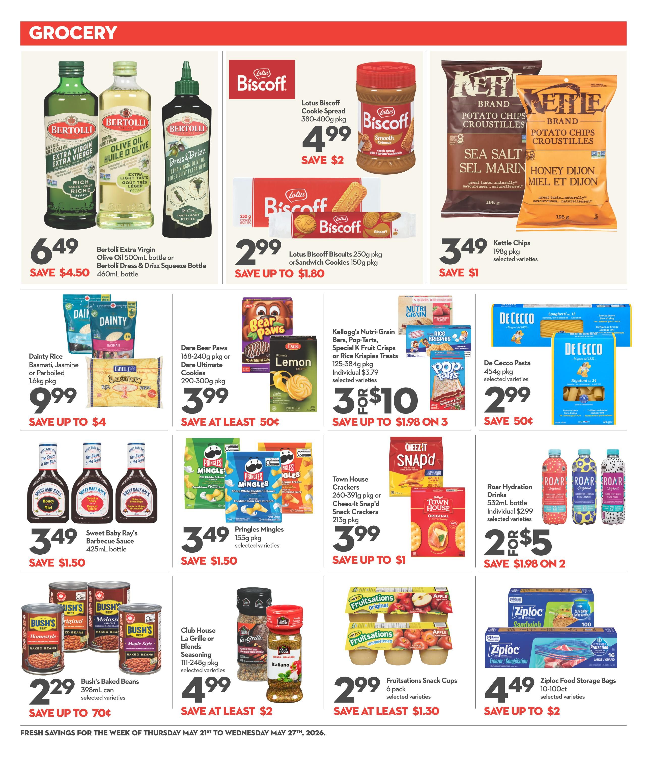 Garden Foods grocery flyer page featuring Bertolli Extra Virgin Olive Oil 500mL bottle or Bertolli Dress & Drizzle Squeeze Bottle 460mL bottle for $6.49, save $4.50. Lotus Biscoff Cookie Spread 380-400g pkg for $4.99, save $2. Lotus Biscoff Biscuits 250g pkg or Sandwich Cookies 150g pkg for $2.99, save up to $1.80. Kettle Brand Potato Chips 198g pkg, selected varieties, for $3.49, save $1. Dainty Rice Basmati, Jasmine or Parboiled 1.6kg pkg for $9.99, save up to $4. Dare Bear Paws 168-240g pkg or Dare Ultimate Cookies 290-300g pkg for $3.99, save at least $0.50. Kellogg's Nutri-Grain Bars, Pop-Tarts, Special K Fruit Crisps or Rice Krispies Treats 125-384g pkg, selected varieties, 3 for $10, save up to $1.98 on 3. De Cecco Pasta 454g pkg, selected varieties, for $2.99, save $0.50. Sweet Baby Ray's Barbecue Sauce 425mL bottle for $3.49, save $1.50. Pringles Mingles 155g pkg, selected varieties, for $3.49, save $1.50. Town House Crackers 260-391g pkg or Cheez-It Snap'd Snack Crackers 213g pkg for $3.99, save up to $1. Roar Hydration Drinks 532mL bottle, selected varieties, 2 for $5, save $1.98 on 2. Bush's Baked Beans 398mL can, selected varieties, for $2.29, save up to $0.70. Club House La Grille or Blends Seasoning 111-248g pkg, selected varieties, for $4.99, save at least $2. Fruitsations Snack Cups 6 pack, selected varieties, for $2.99, save at least $1.30. Ziploc Food Storage Bags 10-100ct, selected varieties, for $4.49, save up to $2. Fresh savings valid from Thursday, May 21st to Wednesday, May 27th, 2026.