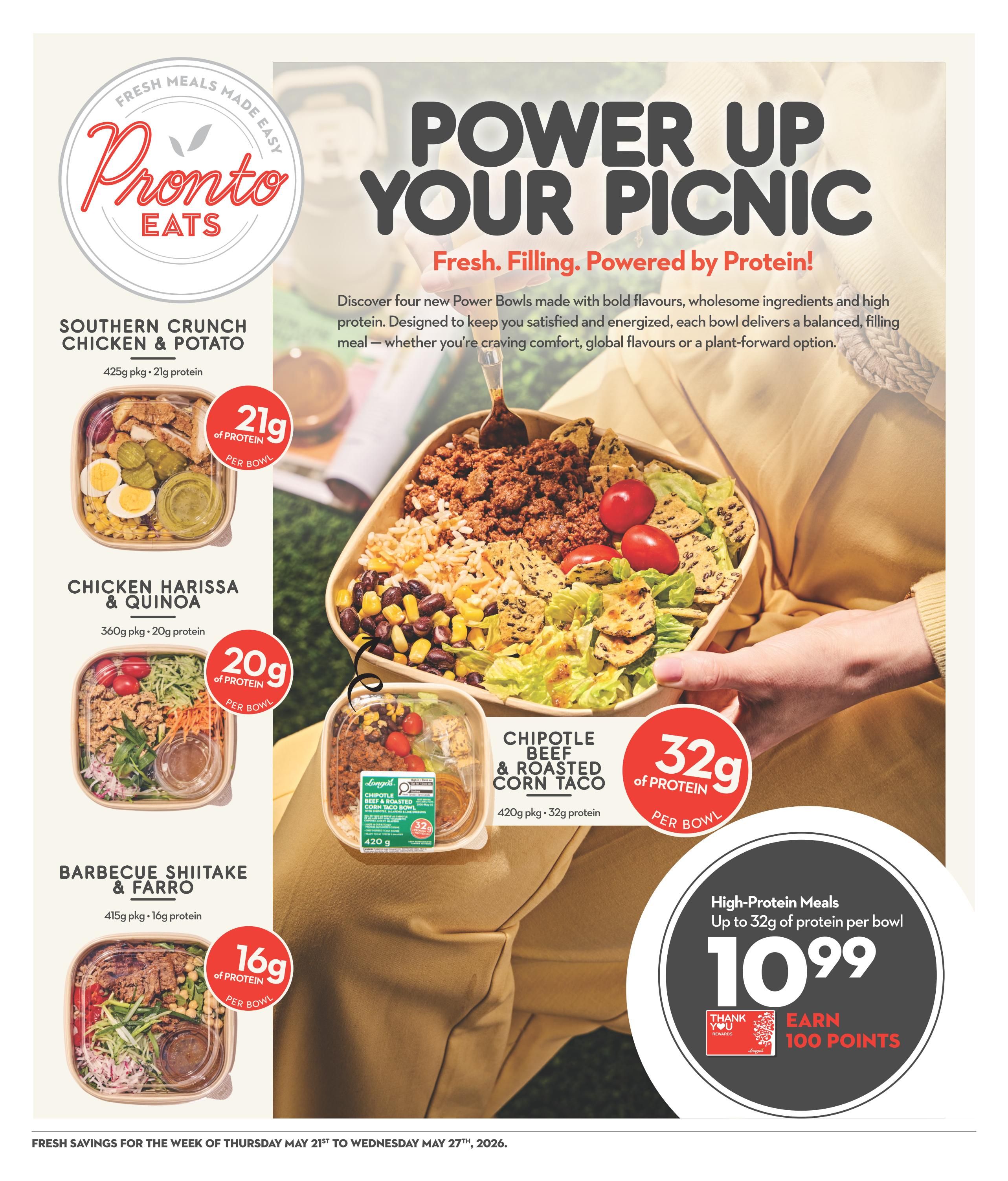 Garden Foods flyer page featuring Pronto Eats 'Power Up Your Picnic' high-protein meals. Options include Southern Crunch Chicken & Potato (425g pkg, 21g protein), Chicken Harissa & Quinoa (360g pkg, 20g protein), and Barbecue Shiitake & Farro (415g pkg, 16g protein). The Chipotle Beef & Roasted Corn Taco bowl (420g pkg, 32g protein) is prominently displayed and priced at $10.99, with an offer to earn 100 Thank You points. Fresh savings are valid from Thursday, May 21st to Wednesday, May 27th, 2026.