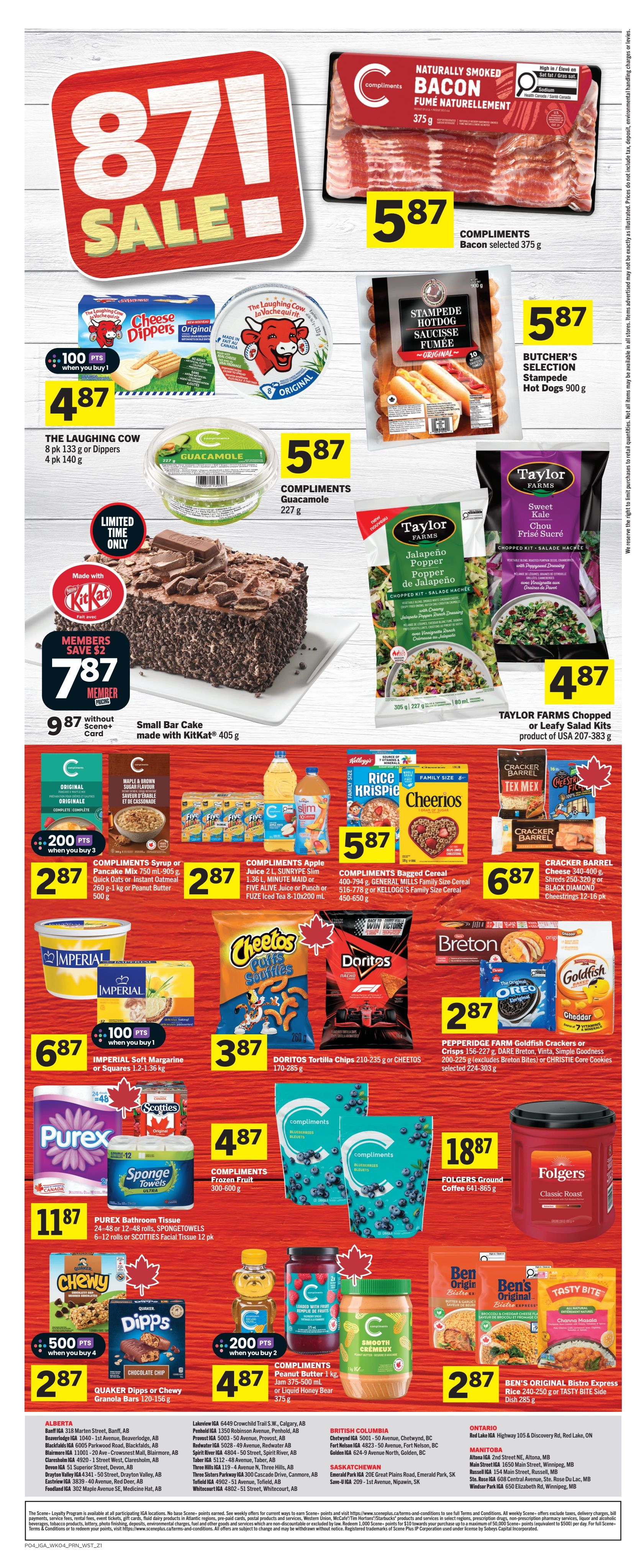 IGA Weekly Flyer Specials Page 2: Features an '87! SALE' graphic. Highlights include Compliments Naturally Smoked Bacon for $5.87, Butcher's Selection Stampede Original Hot Dogs for $5.87, and The Laughing Cow Cheese Dippers or Spread for $4.87 with 100 bonus points when you buy. Also featured is Compliments Guacamole for $5.87. A limited-time offer on a Small Bar Cake made with KitKat for $7.87 (member price, save $2) or $9.87 without a Scene+ card. Taylor Farms Chopped Salad Kits are $4.87. Compliments Syrup or Pancake Mix is $2.87 when you buy 3, earning 200 bonus points. Compliments Apple Juice is $2.87. Compliments Bagged Cereal is $5.87. Cracker Barrel Shredded Cheese or Black Diamond Cheestrings are $6.87. Imperial Soft Margarine or Squares are $6.87 with 100 bonus points when you buy 1. Doritos Tortilla Chips or Cheetos Puffs are $3.87. Pepperidge Farm Goldfish Crackers or Christies Cookies are $2.87. Purex Bathroom Tissue or Scotties Facial Tissue is $11.87. Compliments Frozen Fruit is $4.87. Folgers Ground Coffee is $18.87. Quaker Dipps or Chewy Granola Bars are $2.87 with 500 bonus points when you buy 4. Compliments Peanut Butter or Liquid Honey Bear is $4.87 with 200 bonus points when you buy 2. Ben's Original Bistro Express Rice or Chana Masala is $2.87.