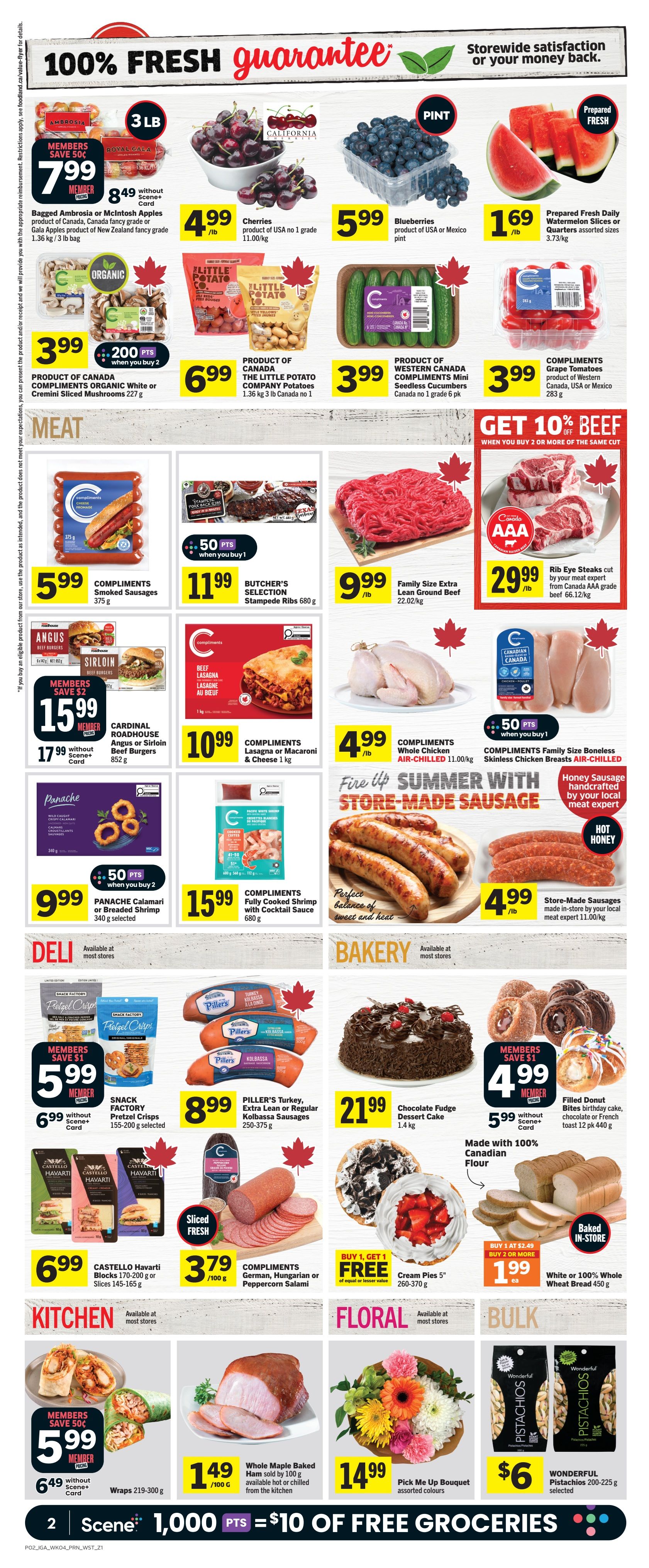 IGA Weekly Flyer Specials Page 3: Features a '100% Fresh Guarantee' with deals on produce, meat, deli, bakery, kitchen, floral, and bulk items. Produce highlights include Bagged Ambrosia or McIntosh Apples for $7.99 (3 lb bag), Cherries for $4.99/lb, Blueberries for $5.99/pint, and Prepared Fresh Daily Watermelon Slices or Quarters for $1.69/lb. Meat specials include COMPLIMENTS Organic White or Cremini Sliced Mushrooms for $3.99, THE LITTLE POTATO COMPANY Potatoes for $6.99, COMPLIMENTS Grape Tomatoes for $3.99, COMPLIMENTS Smoked Sausages for $5.99, BUTCHER'S SELECTION Stampede Ribs for $11.99, Family Size Extra Lean Ground Beef for $9.99/lb, CARDINAL ROADHOUSE Angus or Sirloin Beef Burgers for $15.99 (members save $2), COMPLIMENTS Lasagna or Macaroni & Cheese for $10.99, and COMPLIMENTS Whole Chicken Air-Chilled for $4.99/lb. Also featured is 'Get 10% off Beef' when you buy 2 or more of the same cut, with Rib Eye Steaks at $29.99/lb. Deli items include PANACHE Calamari or Breaded Shrimp for $9.99, SNACK FACTORY Pretzel Crisps for $5.99 (members save $1), and PILLER'S Turkey, Extra Lean or Regular Kolbassa Sausages for $8.99. Bakery offers include a Chocolate Fudge Dessert Cake for $21.99 and Filled Donut Bites for $4.99 (members save $1). Other deals include COMPLIMENTS German, Hungarian or Peppercorn Salami for $3.79/100g, BUY 1 GET 1 FREE Cream Pies, and White or 100% Whole Wheat Bread for $1.99 when you buy 2 or more. Kitchen features include COMPLIMENTS Fully Cooked Shrimp with Cocktail Sauce for $15.99, and Wraps for $5.99 (members save 50¢). The page also shows Whole Maple Baked Ham for $1.49/100g, a 'Pick Me Up Bouquet' for $14.99, and WONDERFUL Pistachios for $6. The bottom of the page highlights 'Scene 1,000 PTS = $10 OF FREE GROCERIES.