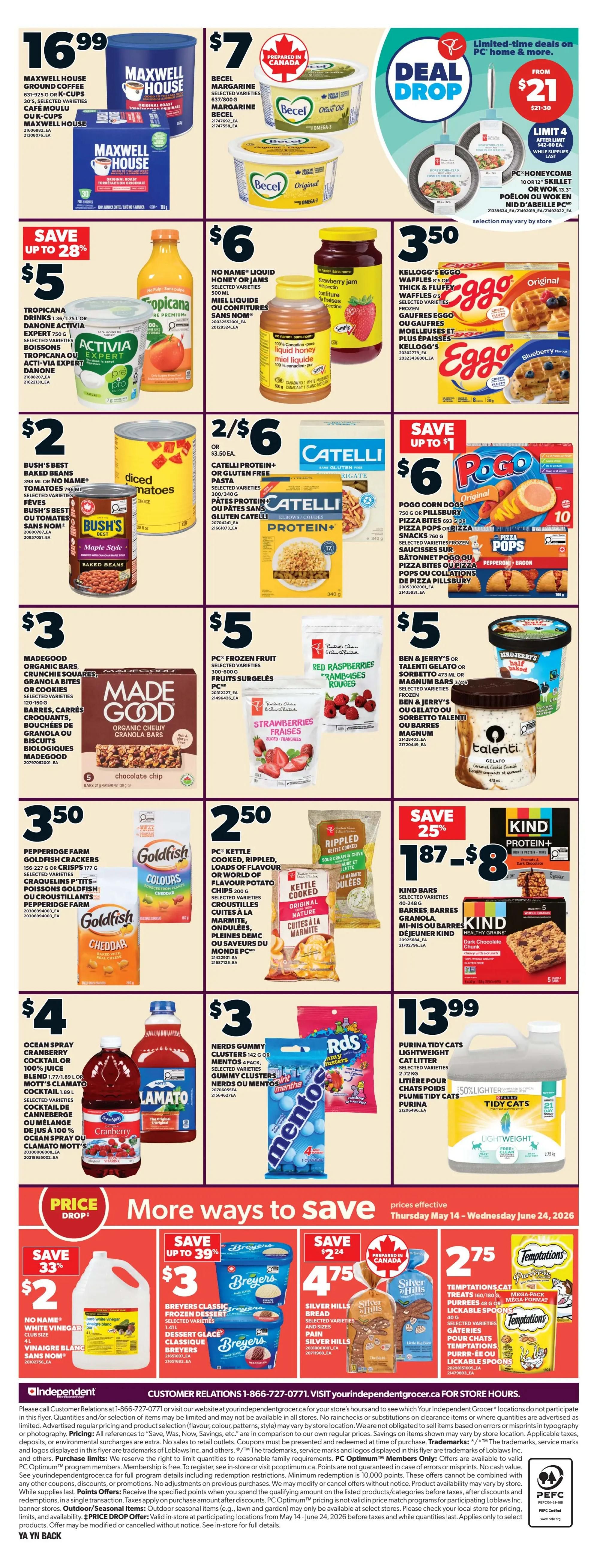 Independent Atlantic flyer specials page 2 features a Deal Drop on PC Home & More cookware, with 10' or 12' skillets for $21. Also featured are Maxwell House Ground Coffee for $16.99, Becel Margarine for $7, and Tropicana Drinks or Danone Activia Yogurt for $5. NO NAME! Liquid Honey or Jams are $6. Catelli Protein+ or Gluten Free Pasta is 2 for $6. Kellogg's Eggo Waffles are $3.50. Bush's Best Baked Beans are $2. Pogo Corn Dogs or Pizza Pops are $6. MadeGood Organic Granola Bars are $3. PC Frozen Fruit and Red Raspberries are $5. Ben & Jerry's or Talenti Gelato is $5. Goldfish Crackers are $3.50. PC Kettle Cooked, Rippled, or World of Flavour Potato Chips are $2.50. KIND Bars are on sale for $8, saving 25%. Purina Tidy Cats Lightweight Cat Litter is $13.99. Ocean Spray Cranberry Cocktail or 100% Juice Blend is $4. Nerds Gummy Clusters or Mentos are $3. More ways to save include No Name White Vinegar for $2 (save 33%), Breyers Classic Frozen Dessert for $3 (save up to 39%), and Silver Hills Bread for $4.75 (save $2.24). Temptations Cat Treats are $2.75.
