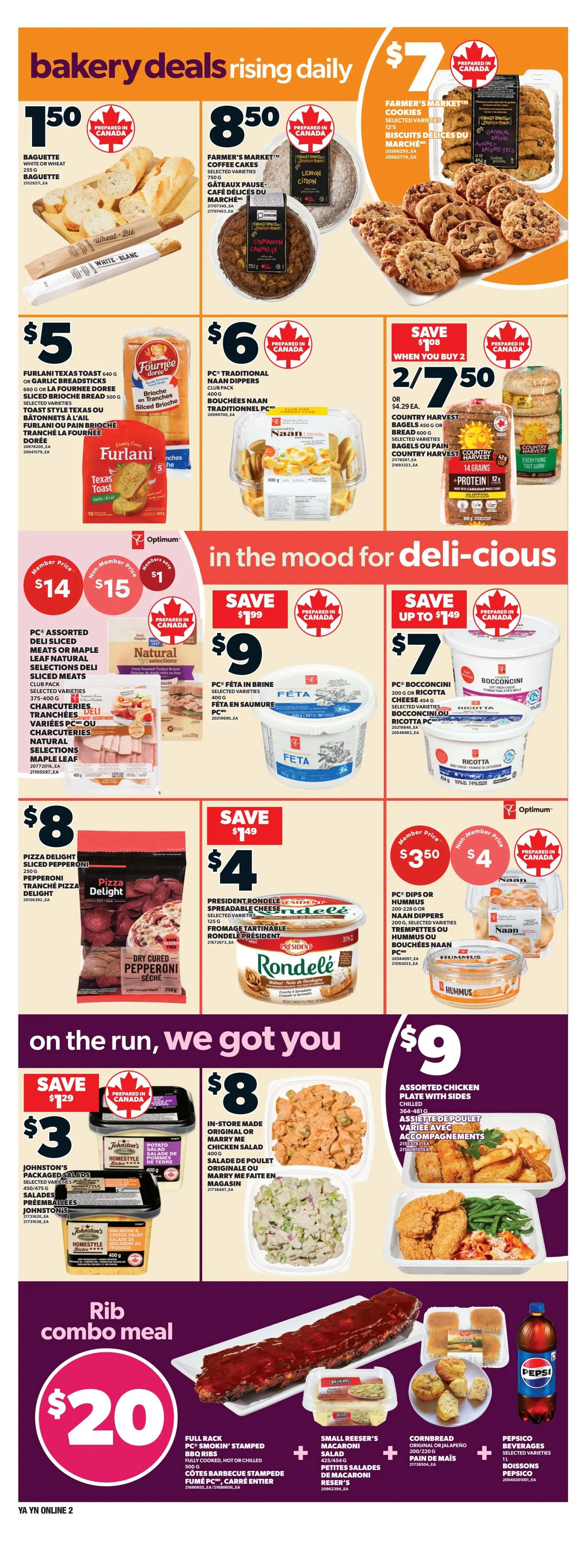 Independent flyer page 4 features bakery deals including Baguette White or Wheat for $1.50, Farmer's Market Coffee Cakes in selected varieties for $8.50, and Farmer's Market Cookies in selected varieties for $7. Also available are Furlani Texas Toast or Garlic Breadsticks for $5, and PC Traditional Naan Dippers for $6. In the deli section, find PC Assorted Deli Sliced Meats or Maple Leaf Natural Selections Deli Sliced Meats for a member price of $14 or non-member price of $15. Save $1.99 on PC Feta in Brine for $9, and save up to $1.49 on PC Bocconcini or Ricotta Cheese for $7. Pizza Delight Sliced Pepperoni is $8. President's Choice Rondelé Spreadable Cheese is on sale for $4, saving $1.49. PC Dips or Hummus and PC Naan Dippers are available for $3.50 as a member price or $4 non-member price. On the run specials include In-Store Made Original or Marry Me Chicken Salad for $8, and Assorted Chicken Plate with Sides for $9. The Rib combo meal is $20 and includes Full Rack PC Smokin' BBQ Ribs, Small Reeser's Macaroni Salad, Cornbread, and a 1L bottle of Pepsico Beverages.